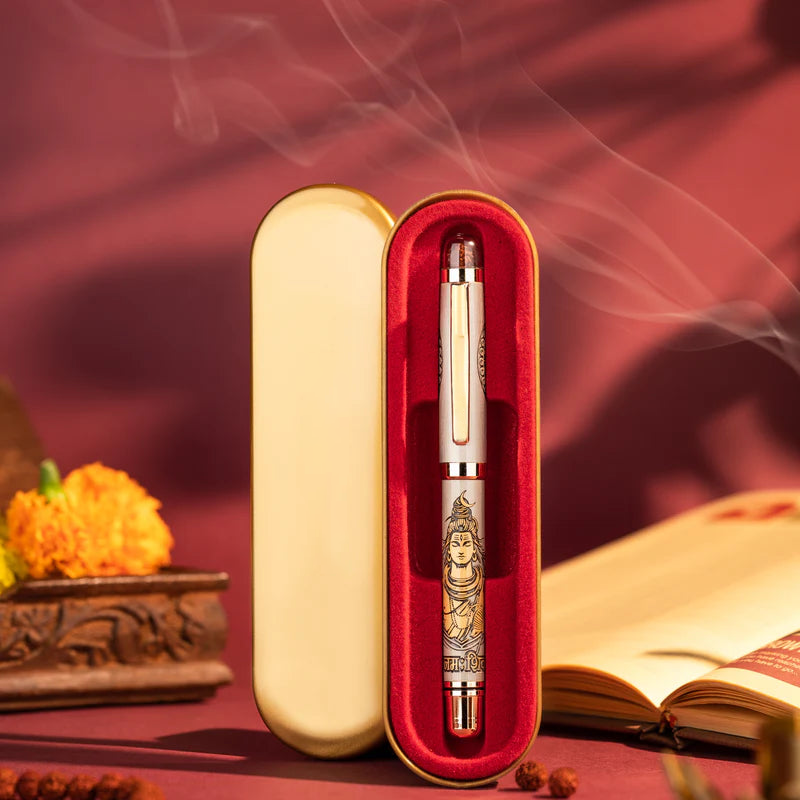 Personalised Sacred Lord Shankar Mahadev Metal Roller Pen with Rudraksh Bead Embed - The Gifting Era