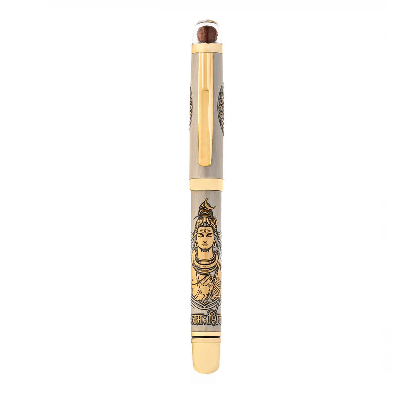 Personalised Sacred Lord Shankar Mahadev Metal Roller Pen with Rudraksh Bead Embed - The Gifting Era