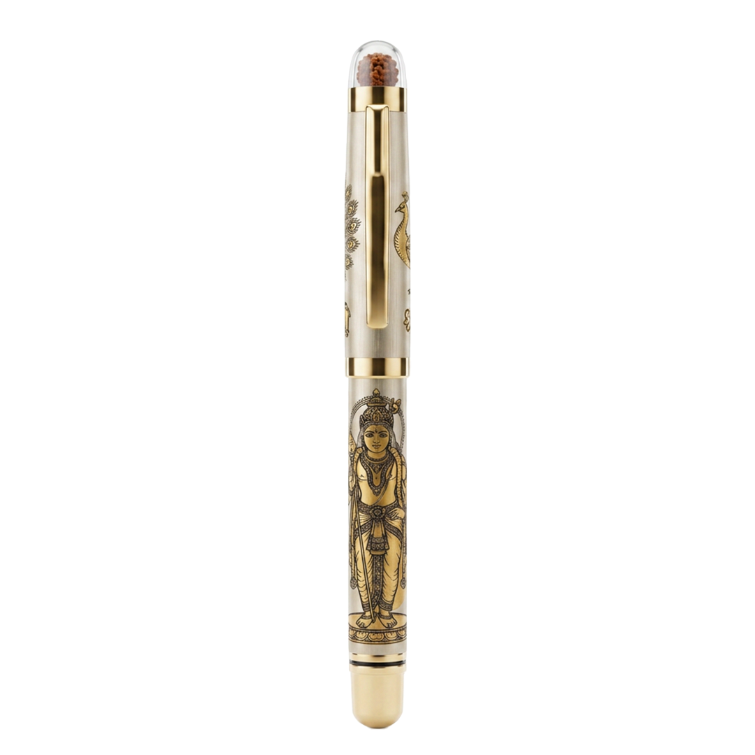 Personalised Sacred Lord Murugan Metal Roller Pen with Rudraksh Bead Embed