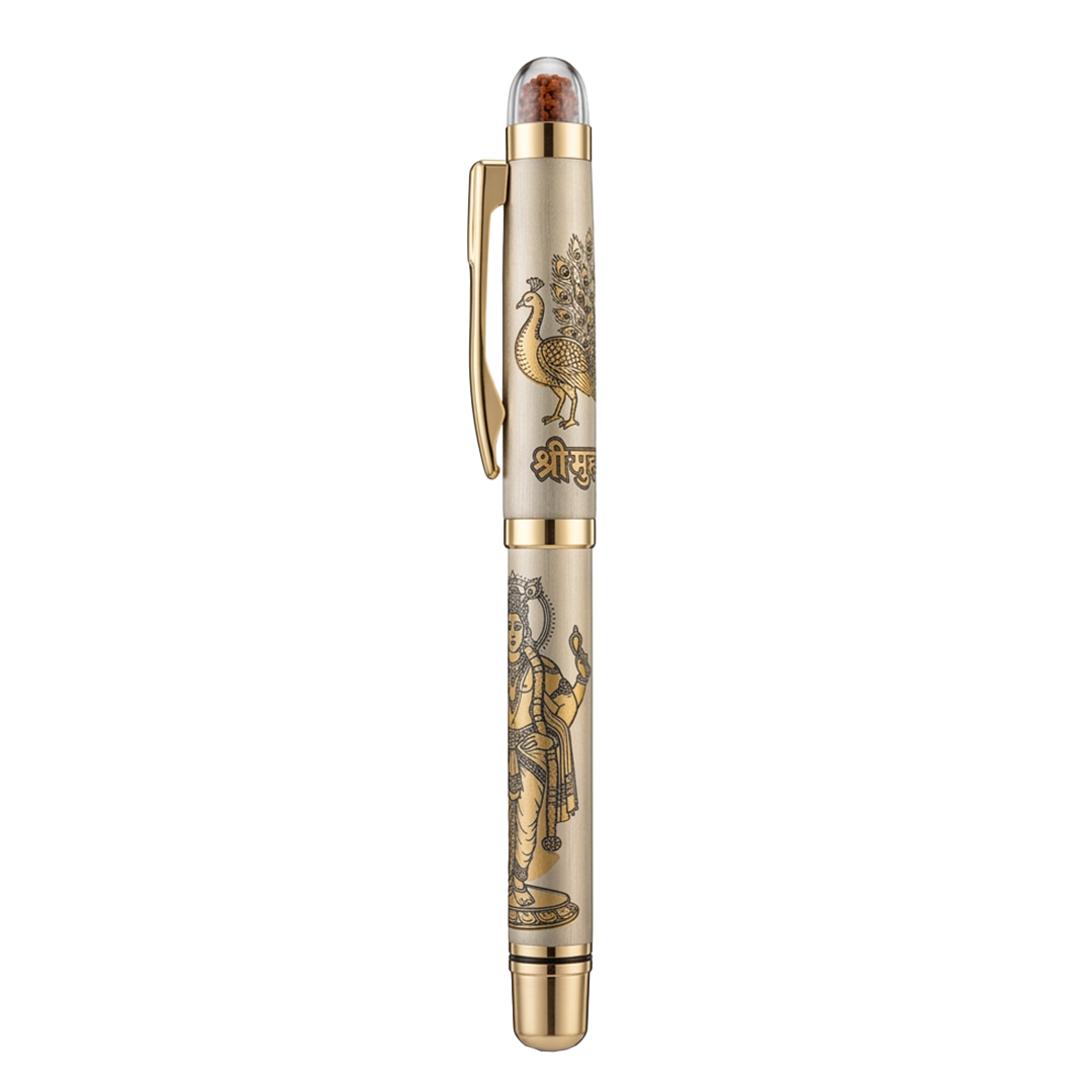 Personalised Sacred Lord Murugan Metal Roller Pen with Rudraksh Bead Embed