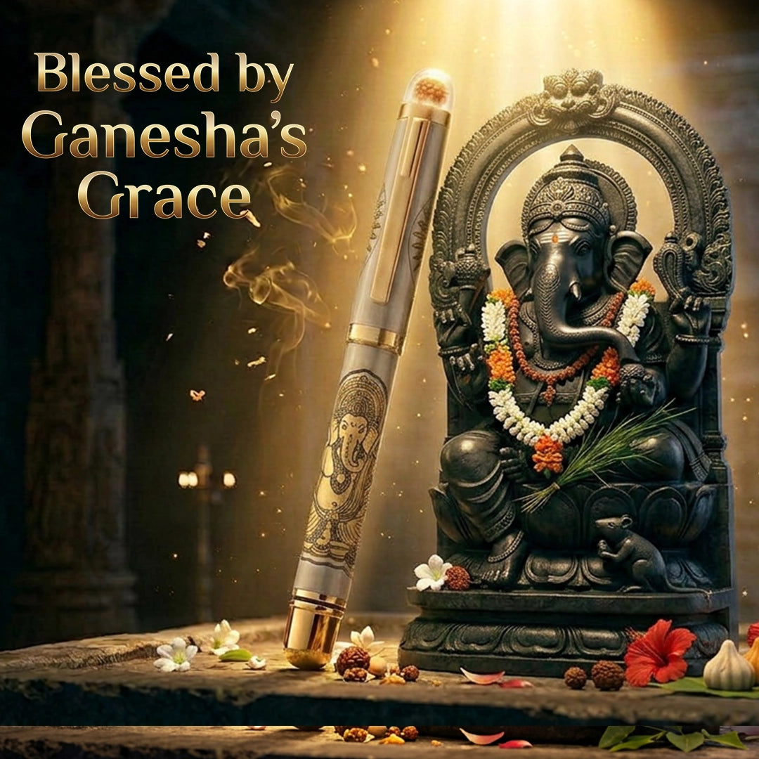 Personalised Sacred Lord Ganeshji Metal Roller Pen with Rudraksh Bead Embed - The Gifting Era