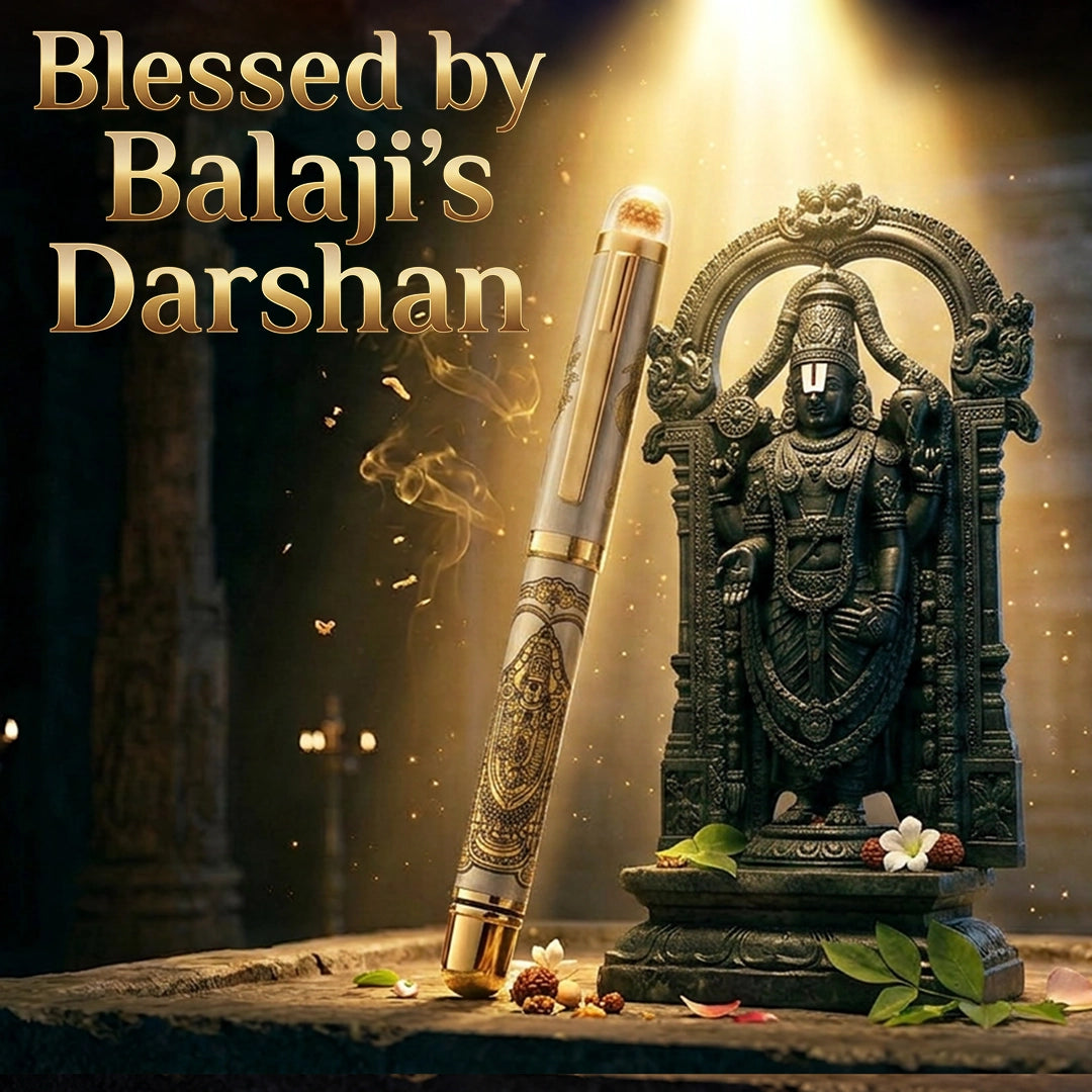 Personalised Sacred Lord Tirupati Balaji Metal Roller Pen with Rudraksh Bead Embed - The Gifting Era