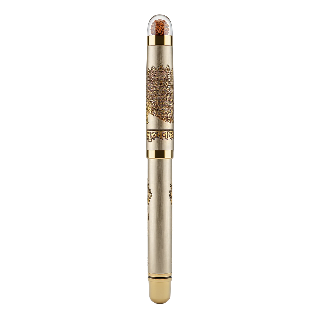 Personalised Sacred Lord Murugan Metal Roller Pen with Rudraksh Bead Embed