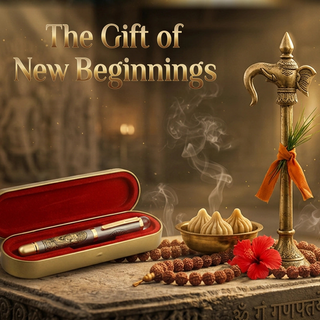 Personalised Sacred Lord Ganeshji Metal Roller Pen with Rudraksh Bead Embed - The Gifting Era