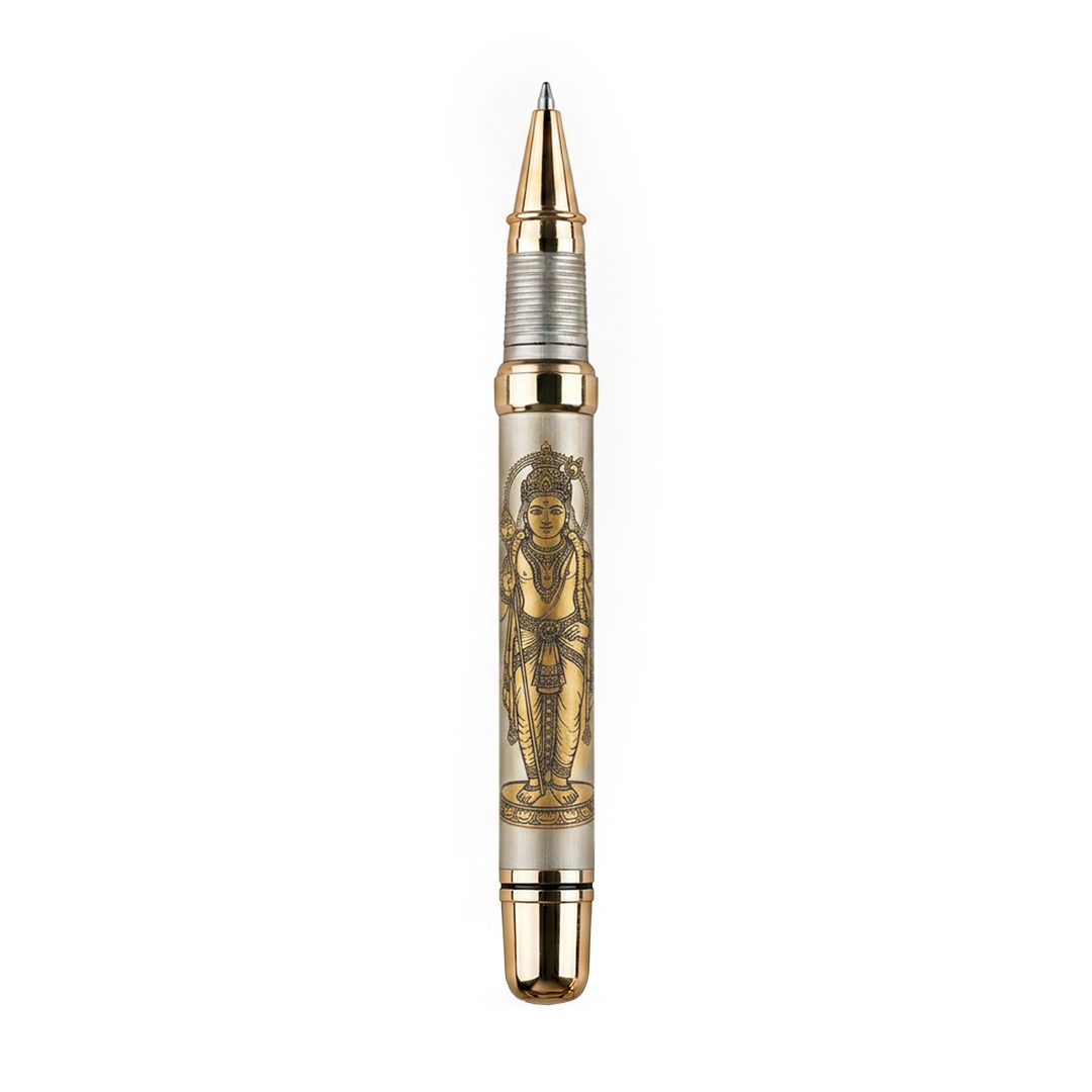 Personalised Sacred Lord Murugan Metal Roller Pen with Rudraksh Bead Embed