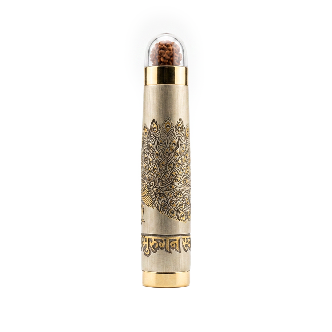 Personalised Sacred Lord Murugan Metal Roller Pen with Rudraksh Bead Embed