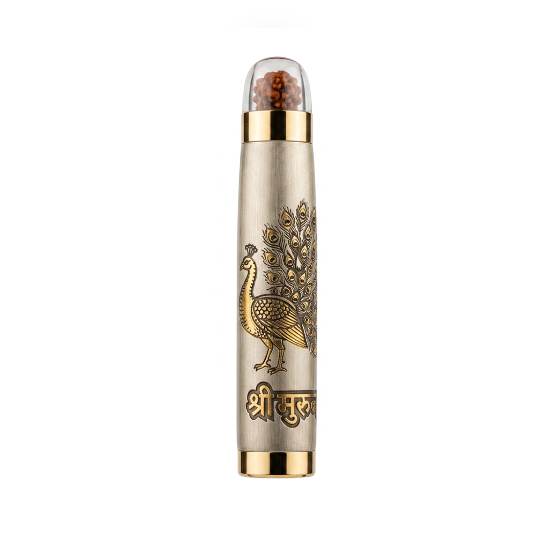 Personalised Sacred Lord Murugan Metal Roller Pen with Rudraksh Bead Embed