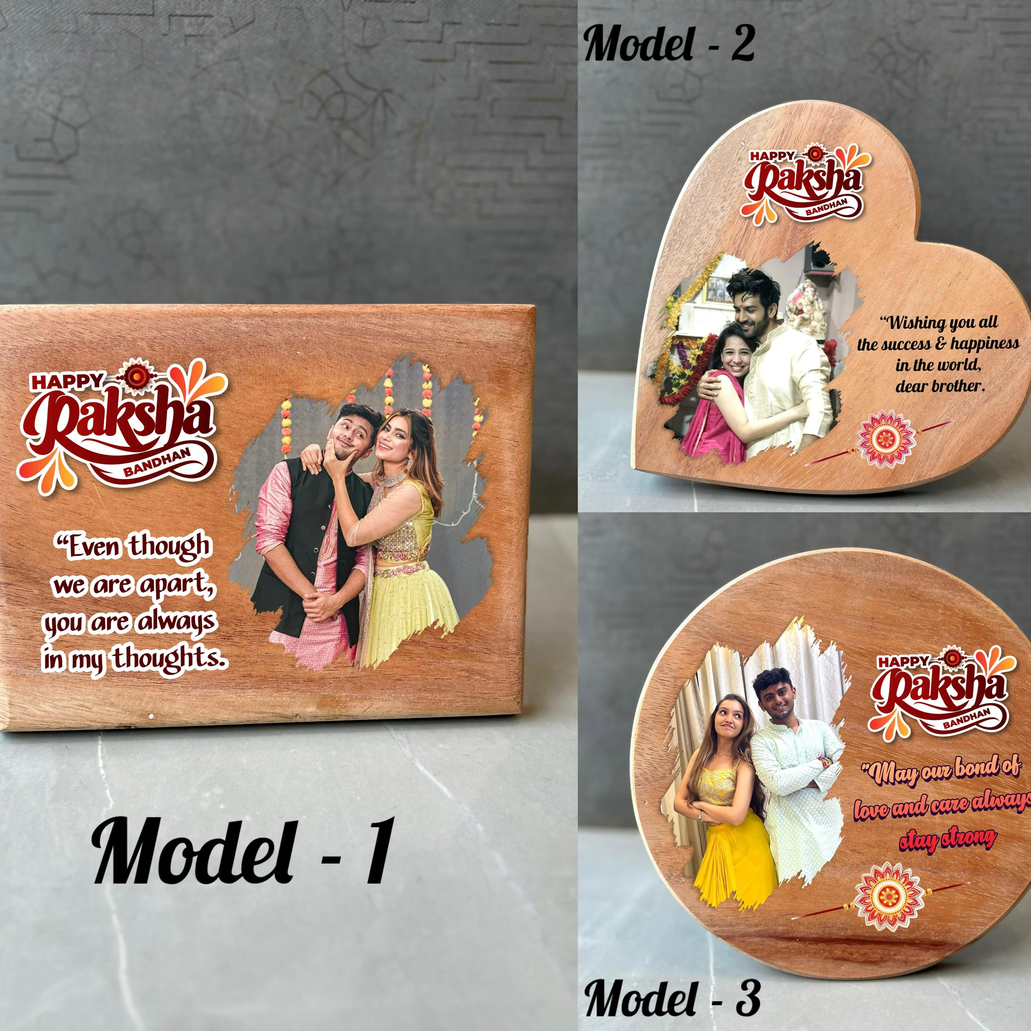 Three wooden photo frames with 'Happy Raksha Bandhan' text and images of a couple on a gray surface. - The Gifting Era
