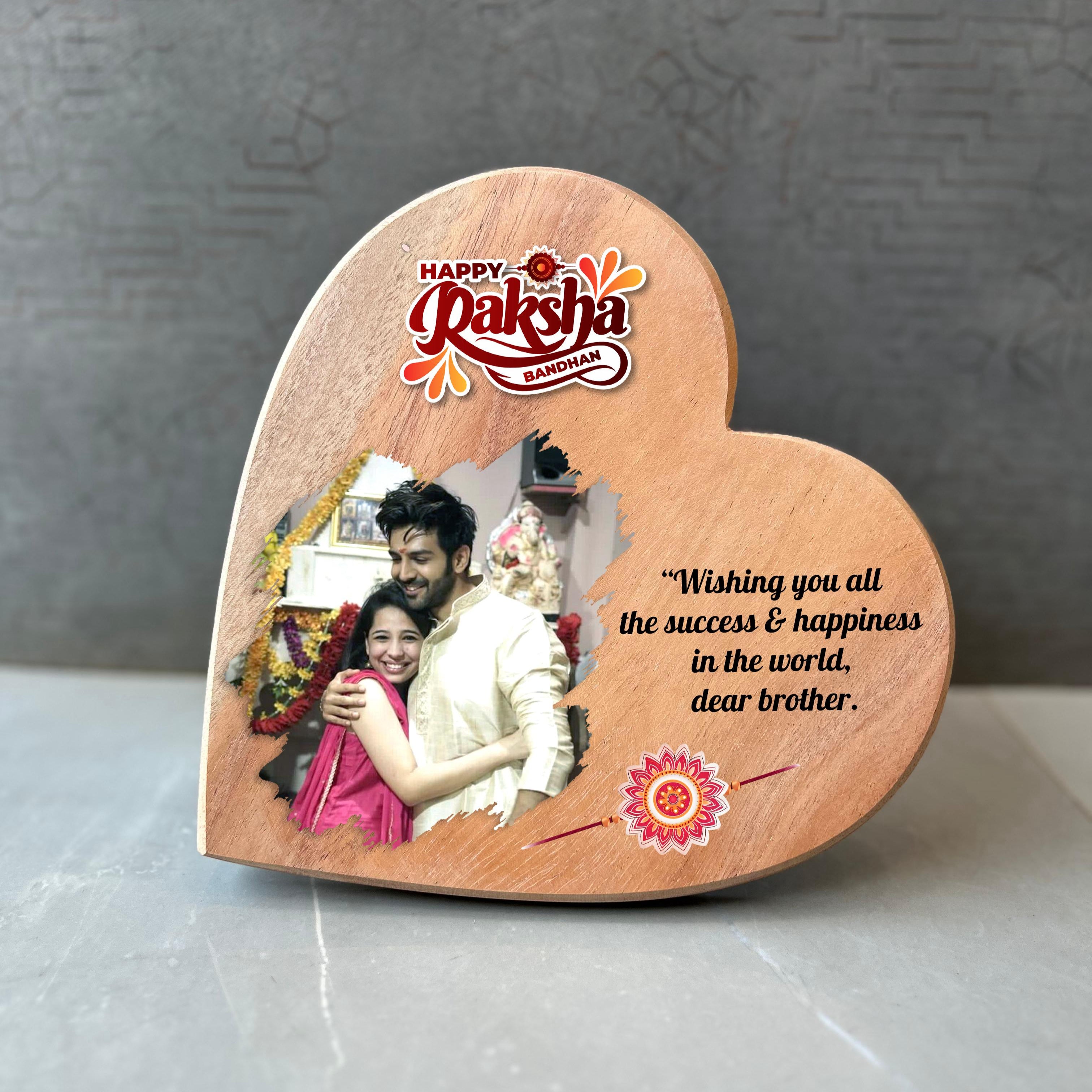 Heart-shaped wooden plaque with a photo of a couple and a message, on a gray background. - The Gifting Era