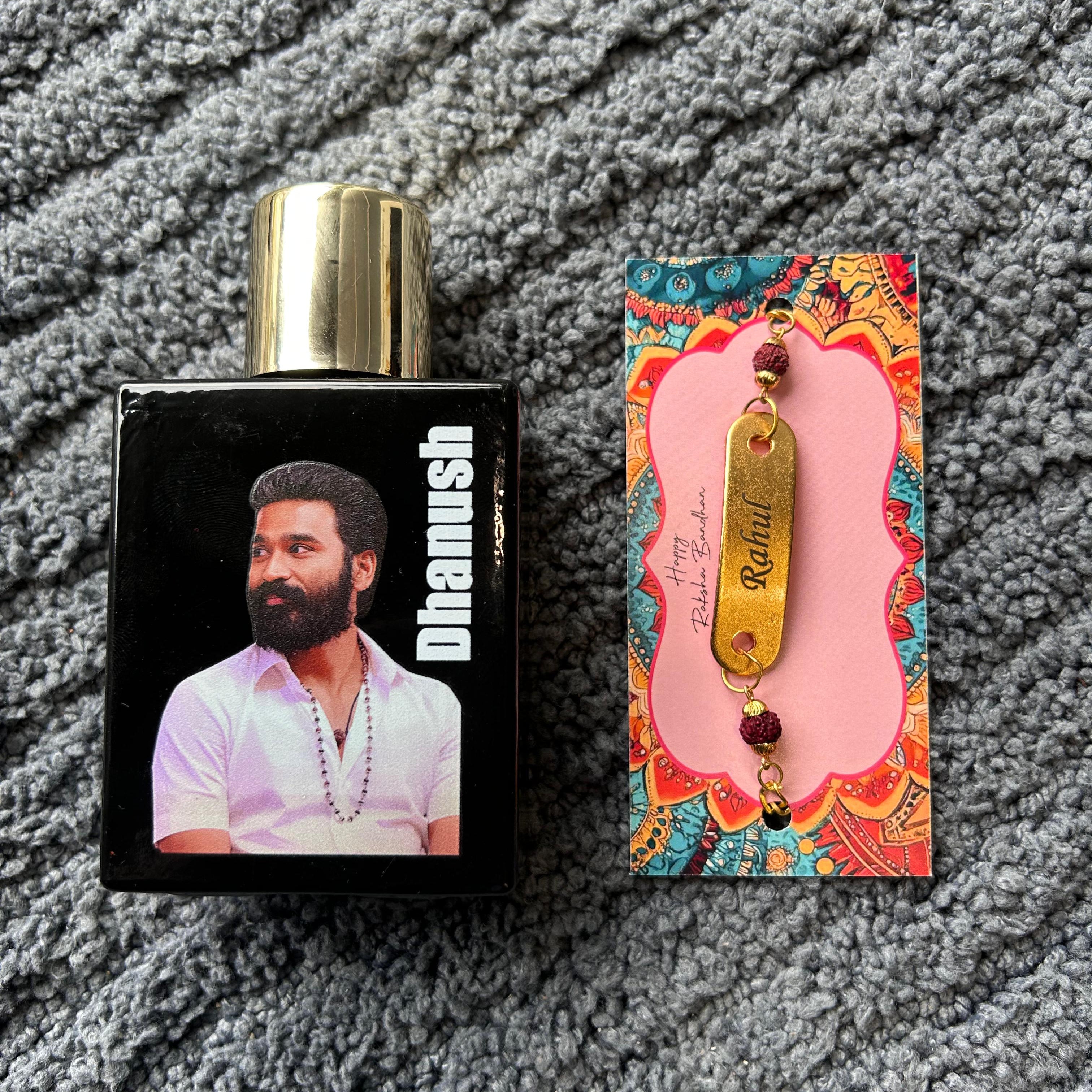 Perfume bottle with packaging on a textured surface