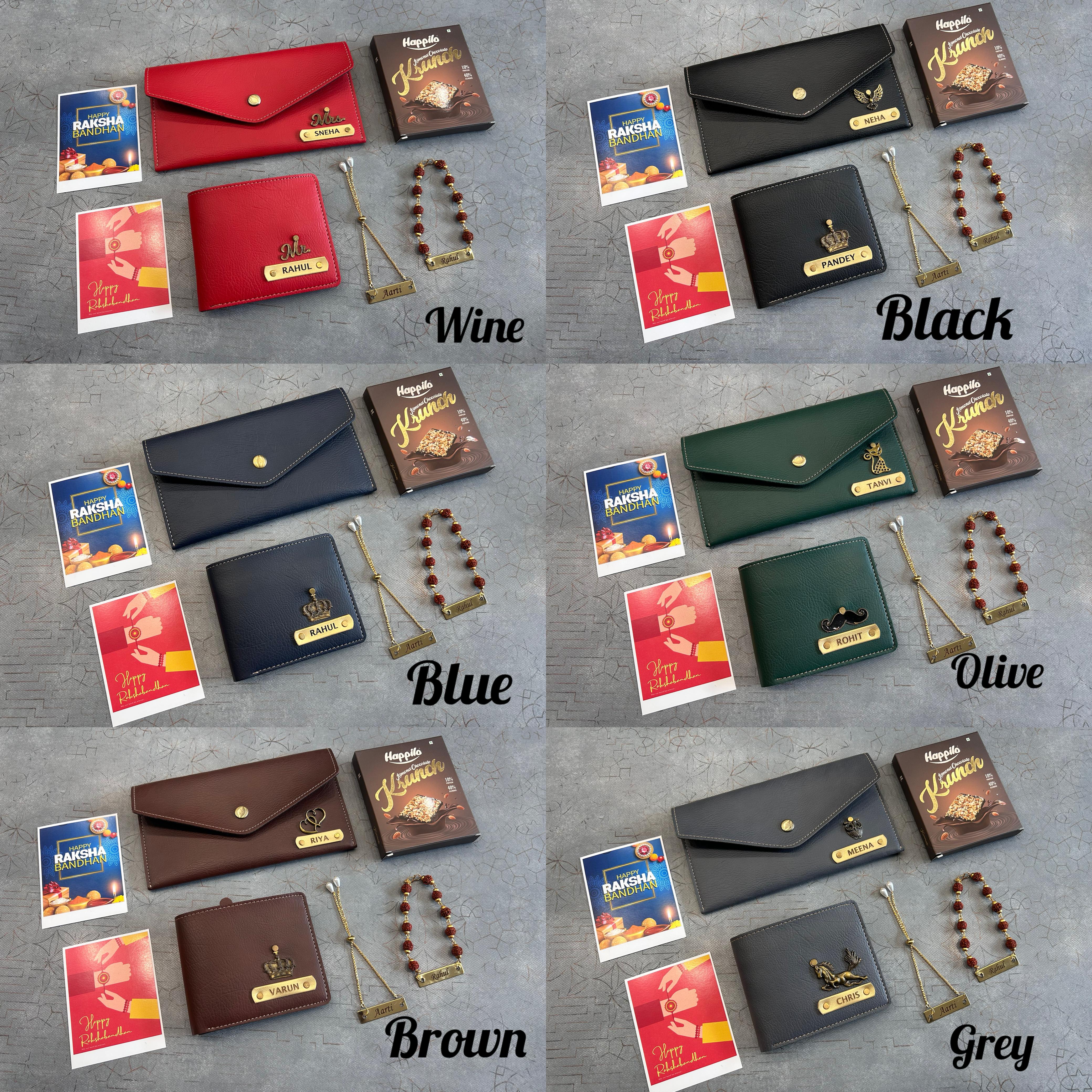 Collection of wallets in various colors with corresponding color labels on a gray background.