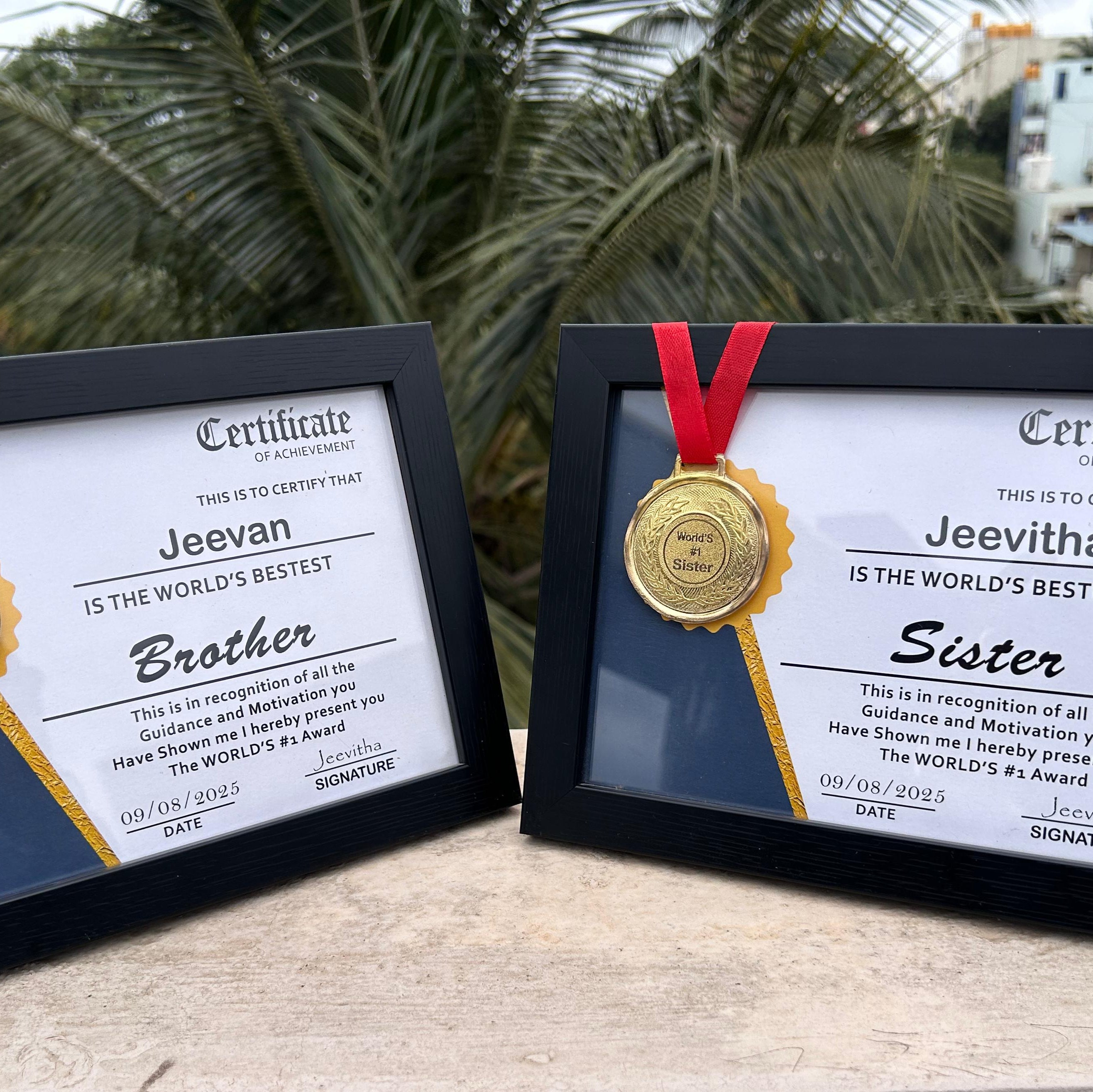 Two framed certificates with gold medals and red ribbons, one for 'Brother' and one for 'Sister', outdoors. - The Gifting Era