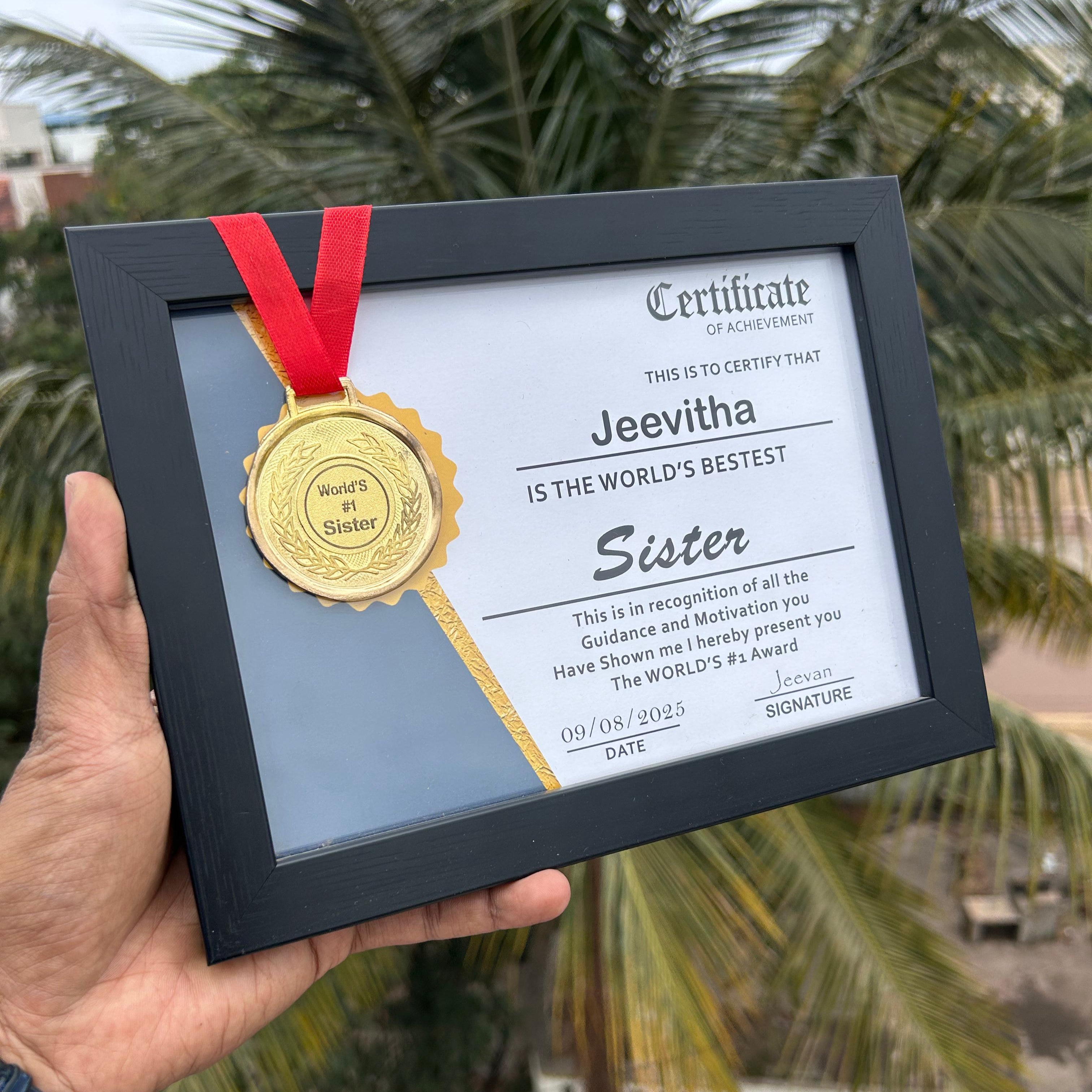 Framed certificate with gold medal and red ribbon held by a hand, palm trees in the  - The Gifting Era