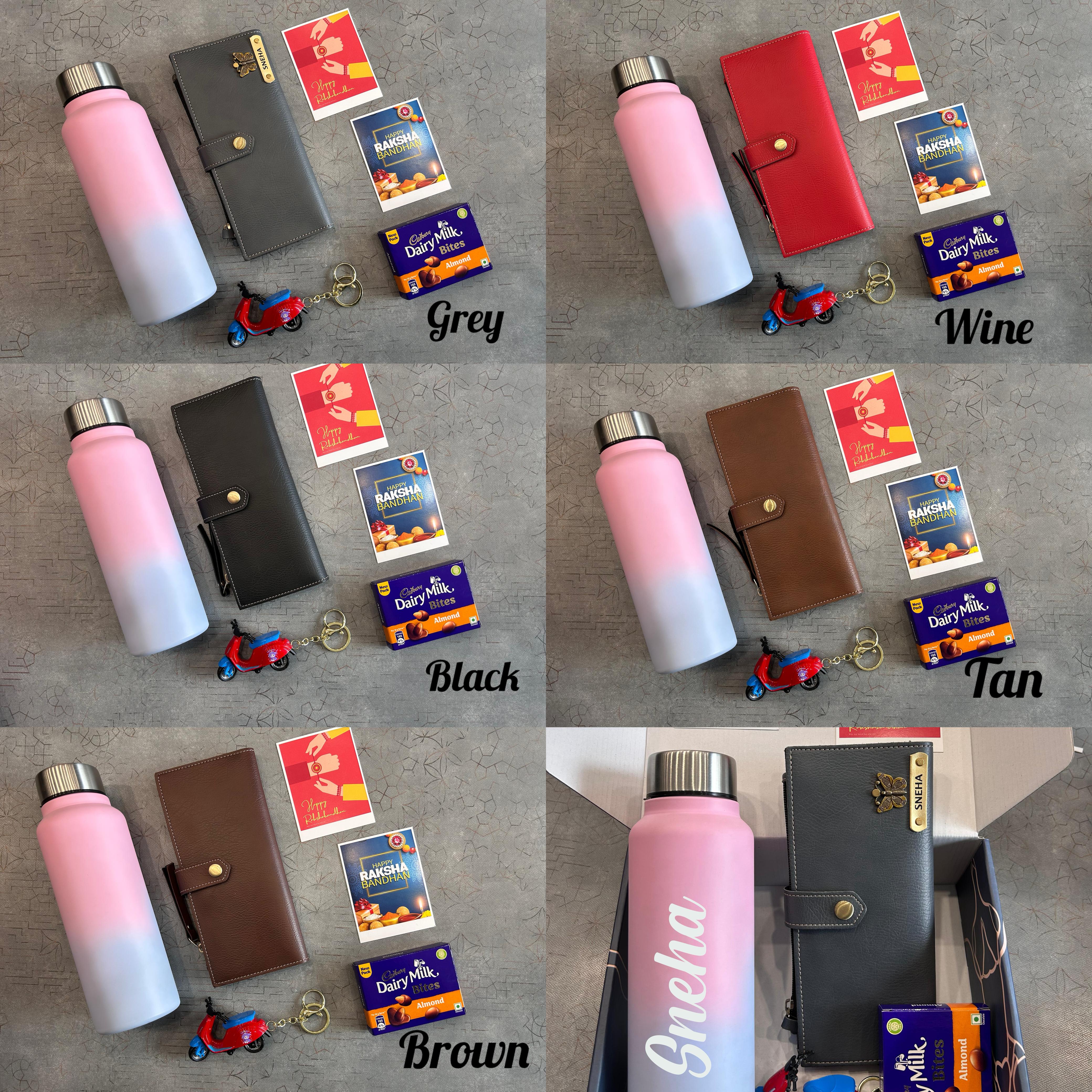 Collage of a pink and white gradient water bottle with different colored wallets and items on a gray background. - The Gifting Era