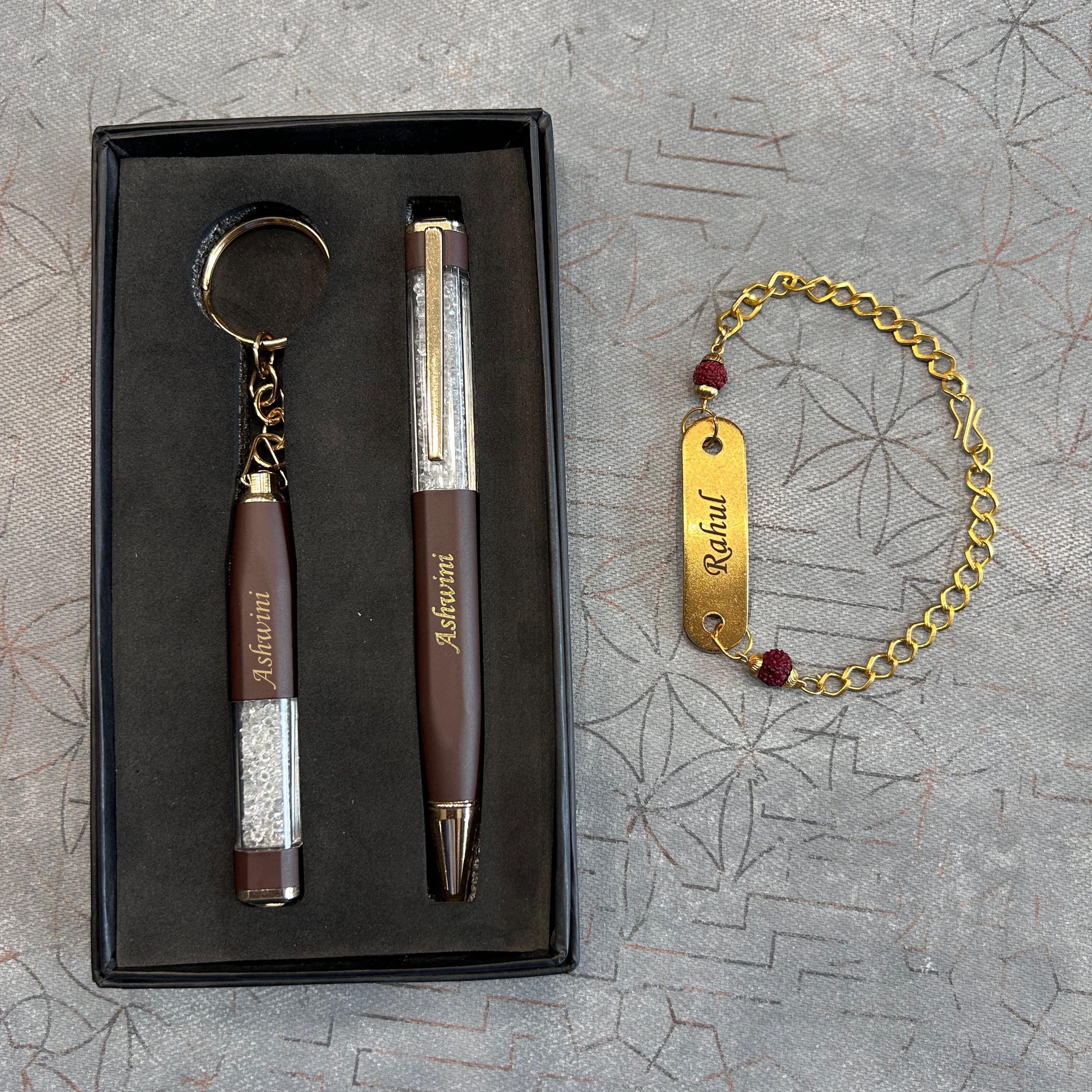 Personalised Cubic Pen & Keychain Set With Rudraksh Rakhi 2.0