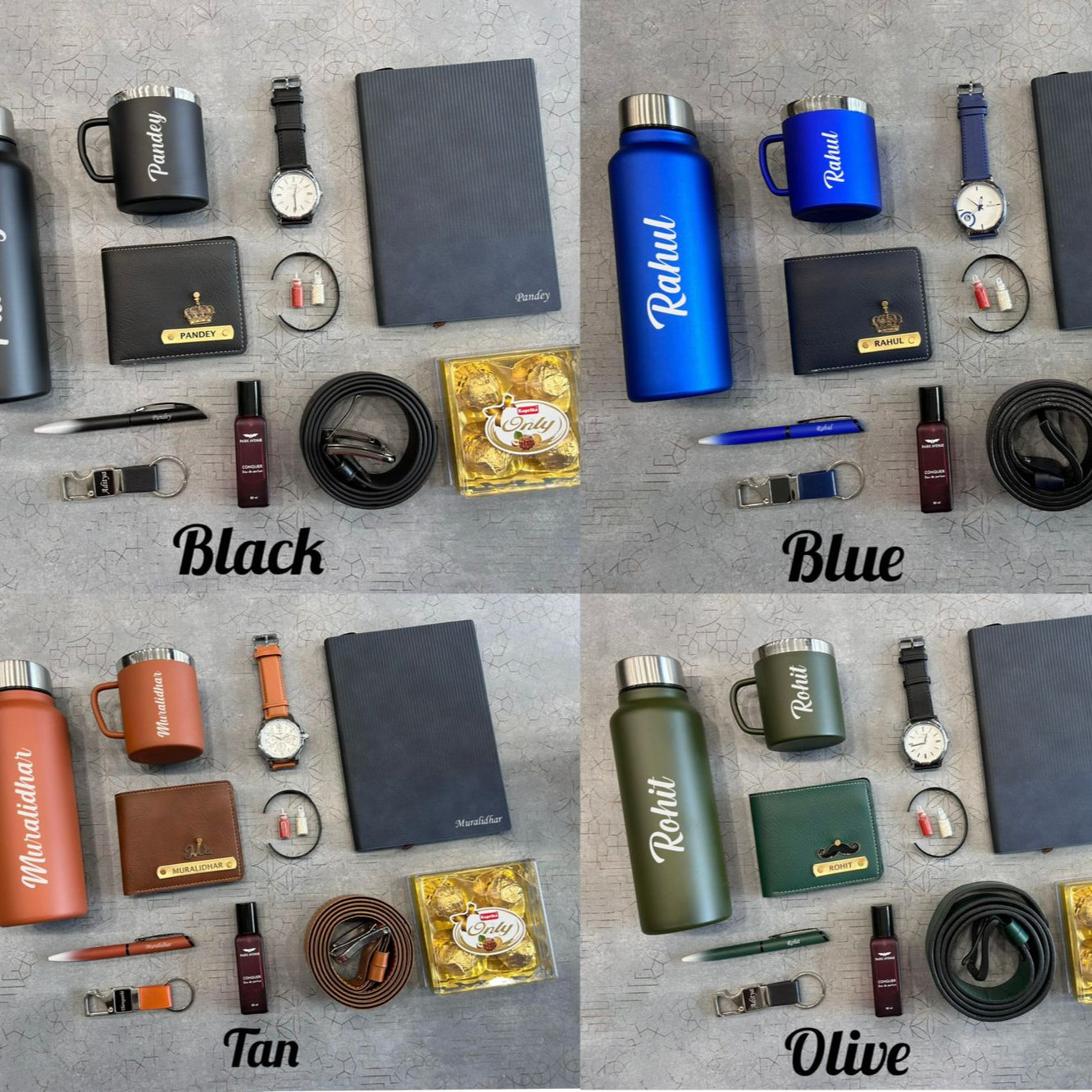 Collection of stationery and accessories in black, blue, tan, and olive colors on a gray surface.