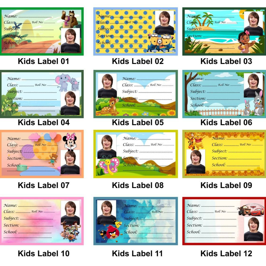 Collection of colorful kids labels with various designs and characters. - The Gifting Era