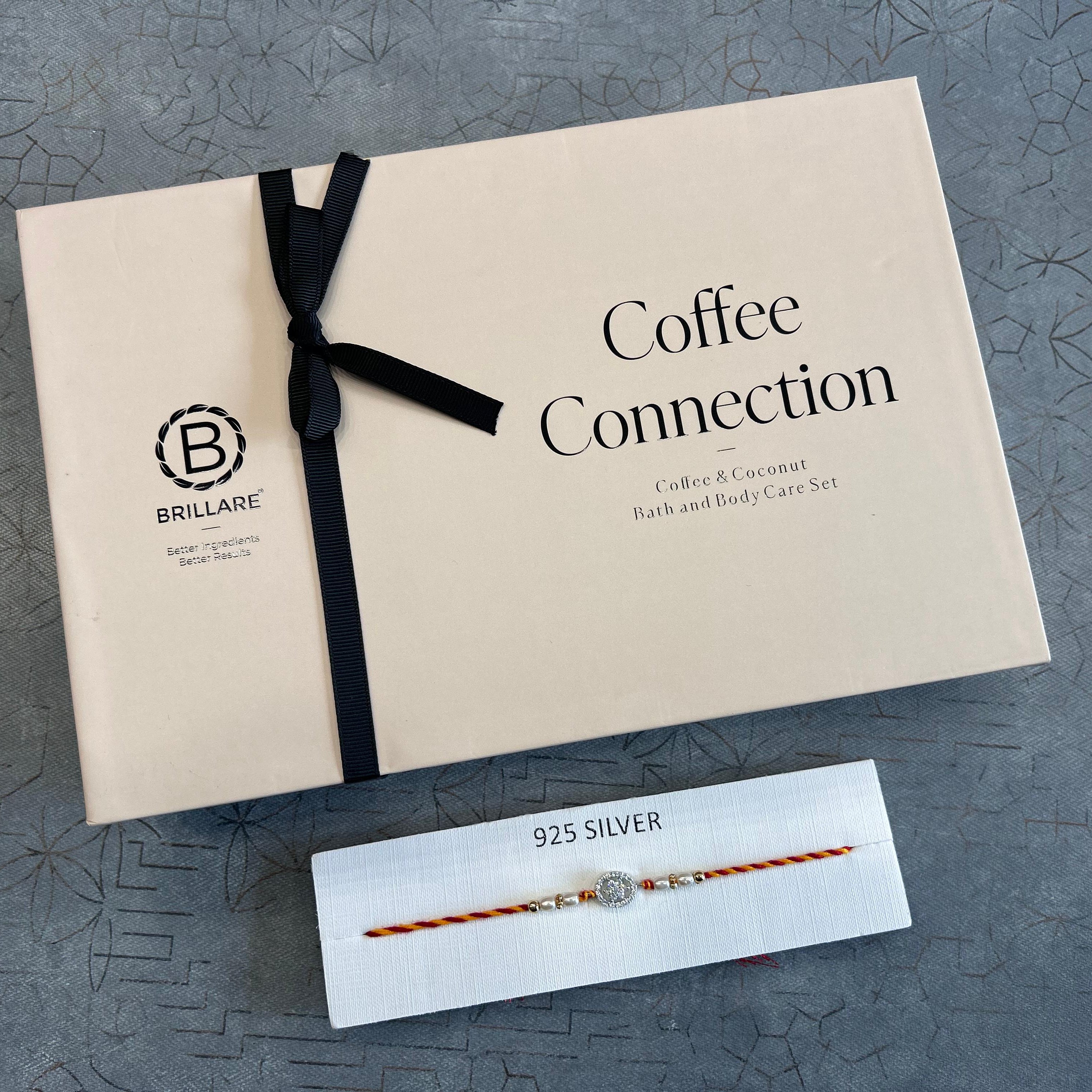 Brillare coffee connection bath and body care set with a bracelet on a textured surface - The Gifting Era