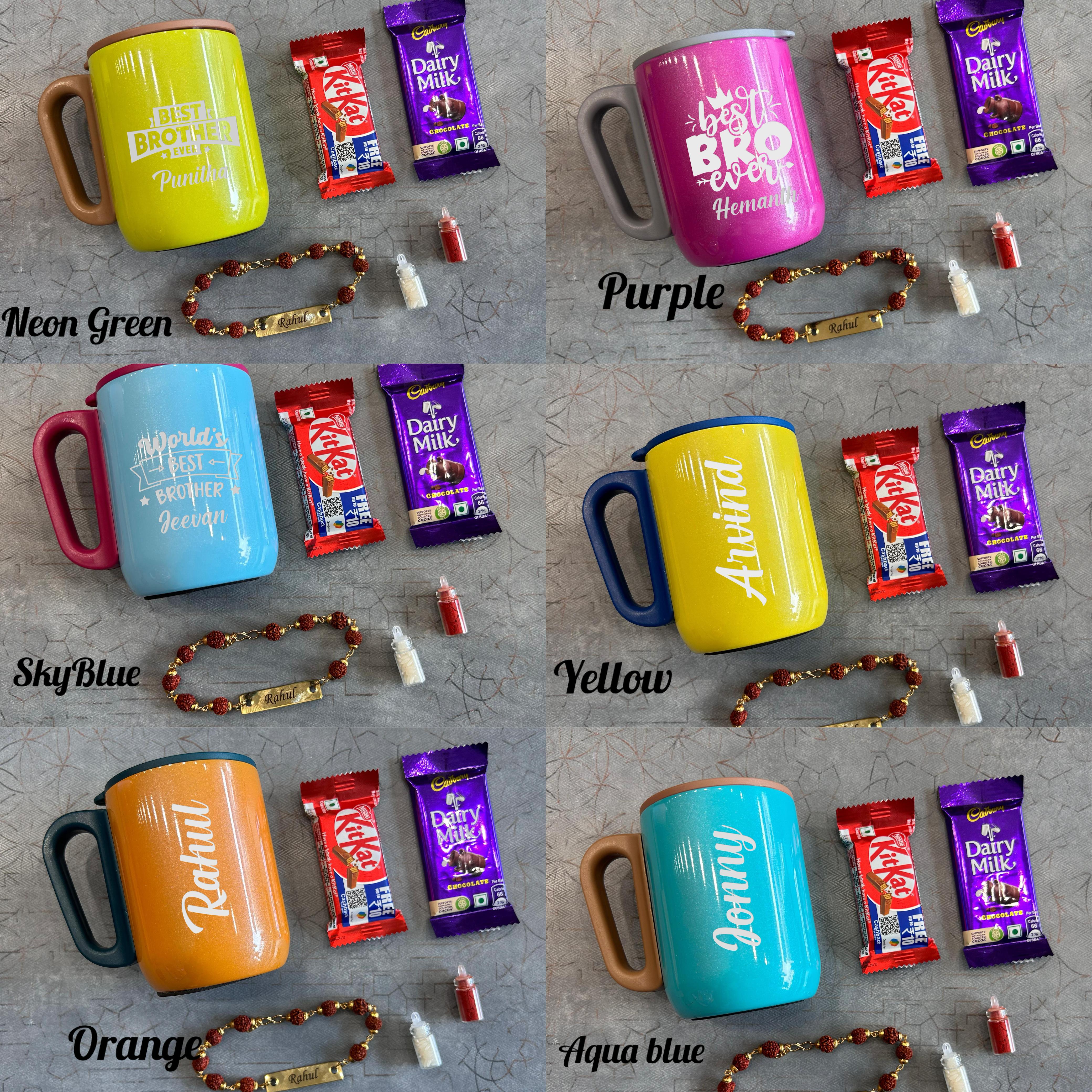 Collection of branded mugs and chocolate bars arranged in a grid on a gray surface. - The Gifting Era