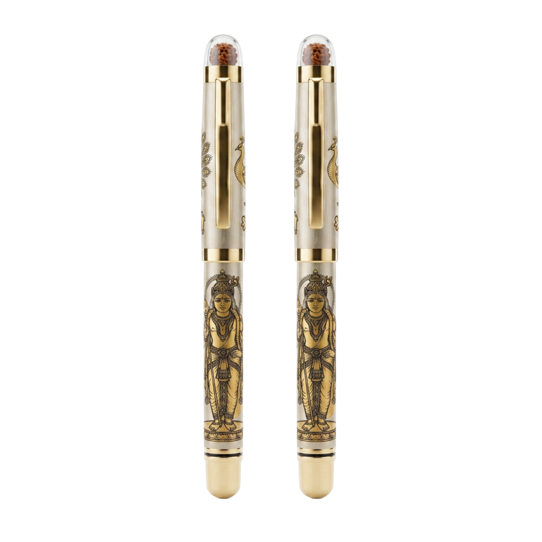 Personalised Sacred Lord Murugan Metal Roller Pen with Rudraksh Bead Embed