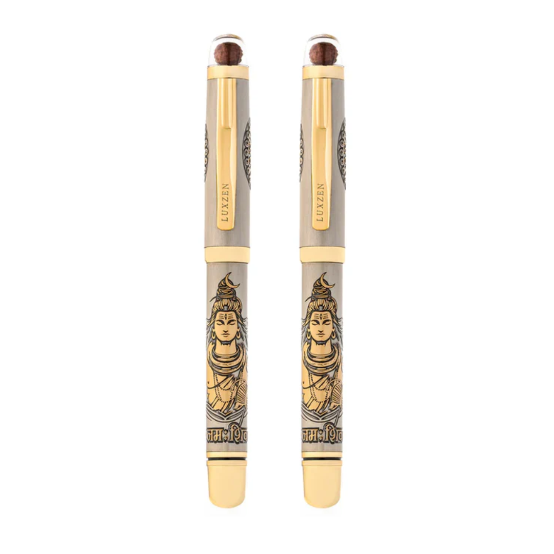 Personalised Sacred Lord Shankar Mahadev Metal Roller Pen with Rudraksh Bead Embed - The Gifting Era