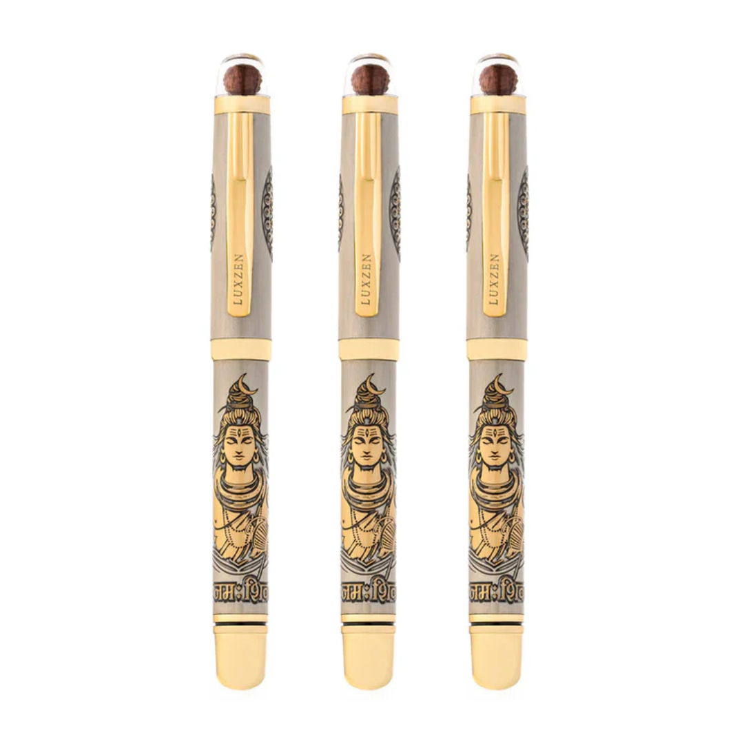 Personalised Sacred Lord Shankar Mahadev Metal Roller Pen with Rudraksh Bead Embed - The Gifting Era