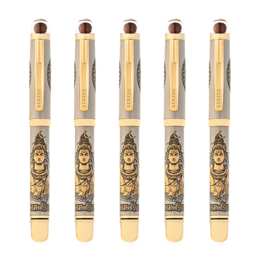 Personalised Sacred Lord Shankar Mahadev Metal Roller Pen with Rudraksh Bead Embed - The Gifting Era