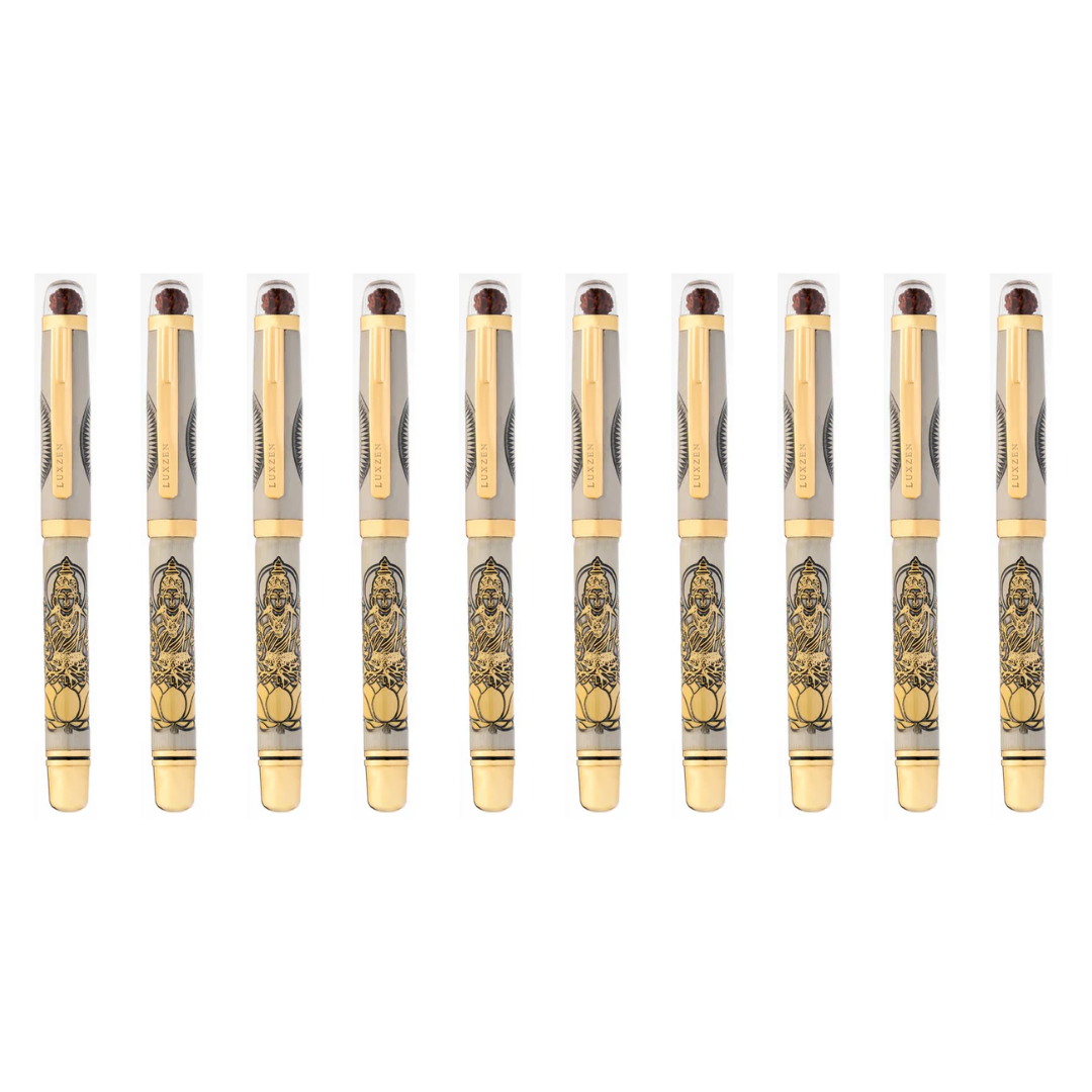 Personalised Sacred Lord Maha Laxmiji Metal Roller Pen with Rudraksh Bead Embed - The Gifting Era