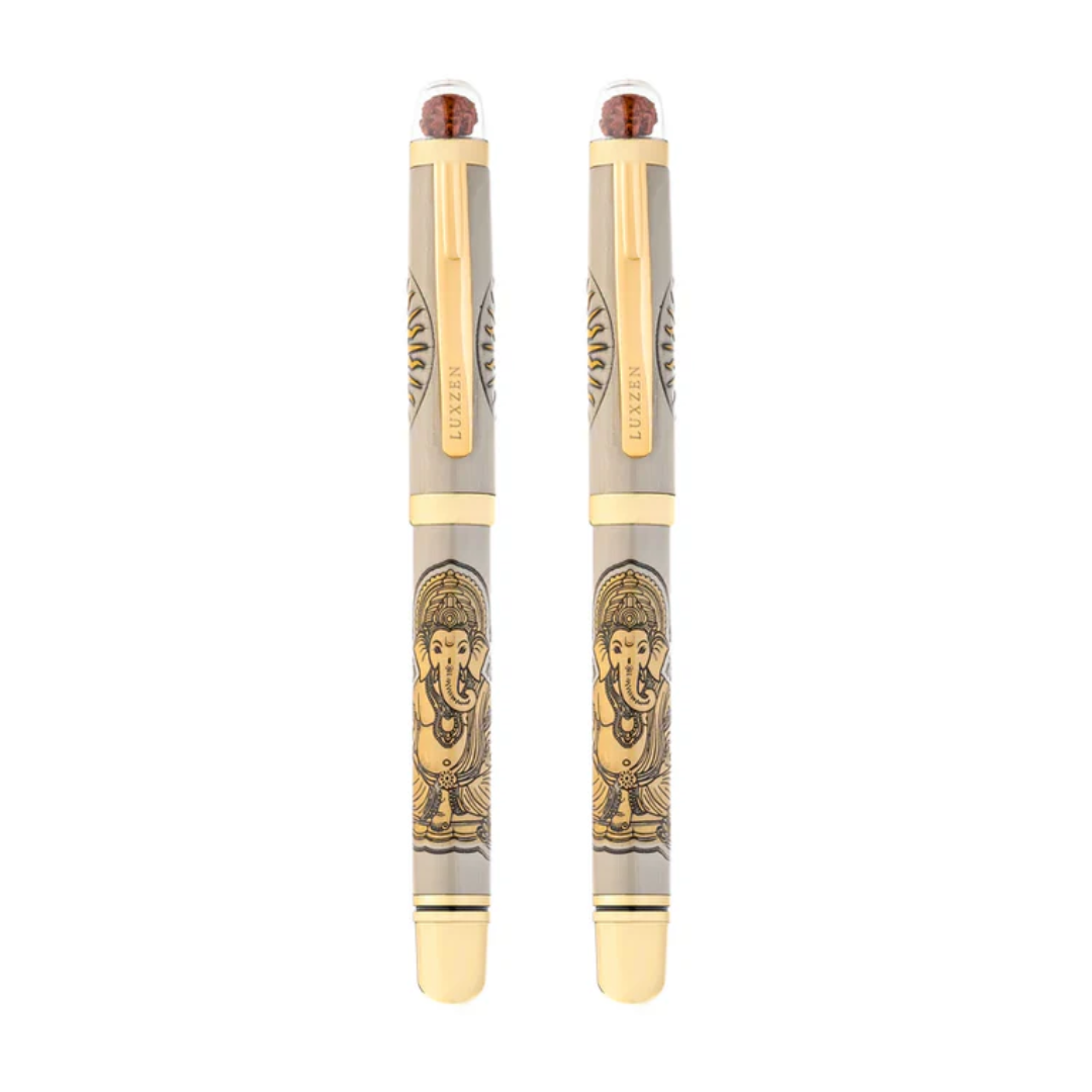 Personalised Sacred Lord Ganeshji Metal Roller Pen with Rudraksh Bead Embed - The Gifting Era