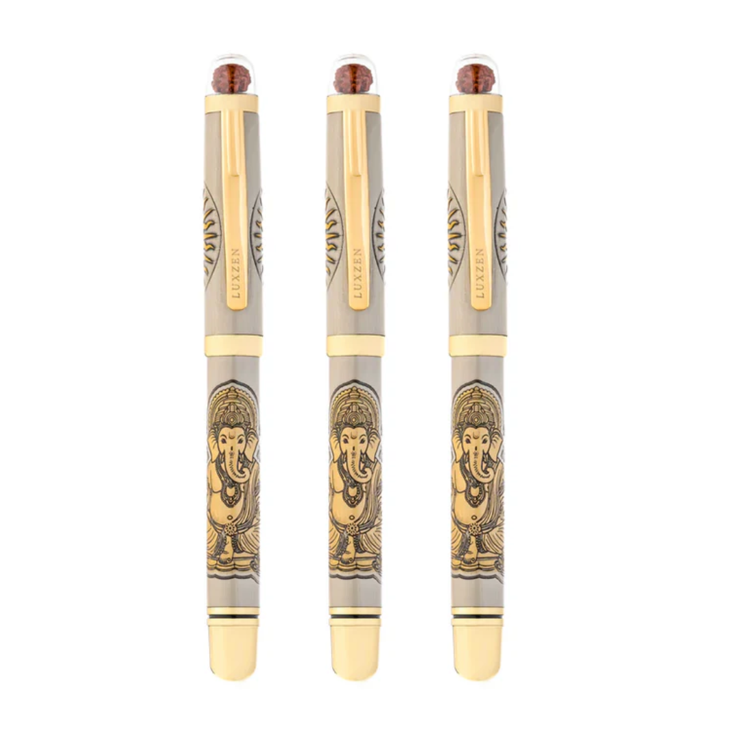 Personalised Sacred Lord Ganeshji Metal Roller Pen with Rudraksh Bead Embed - The Gifting Era