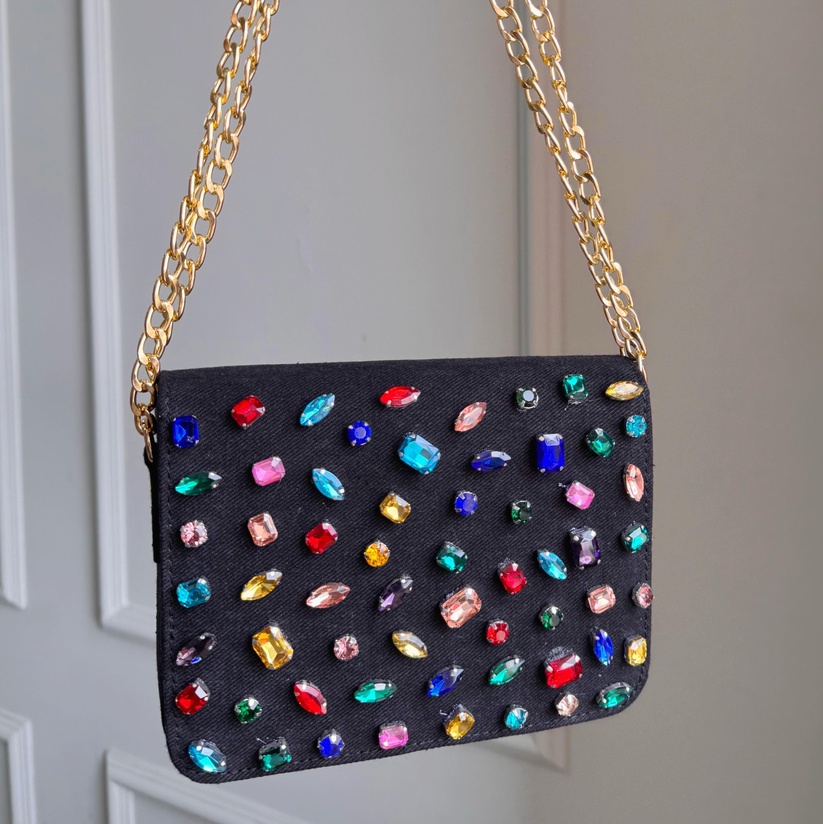 Premium Crystal Gemstone Denim Flap Sling Bag