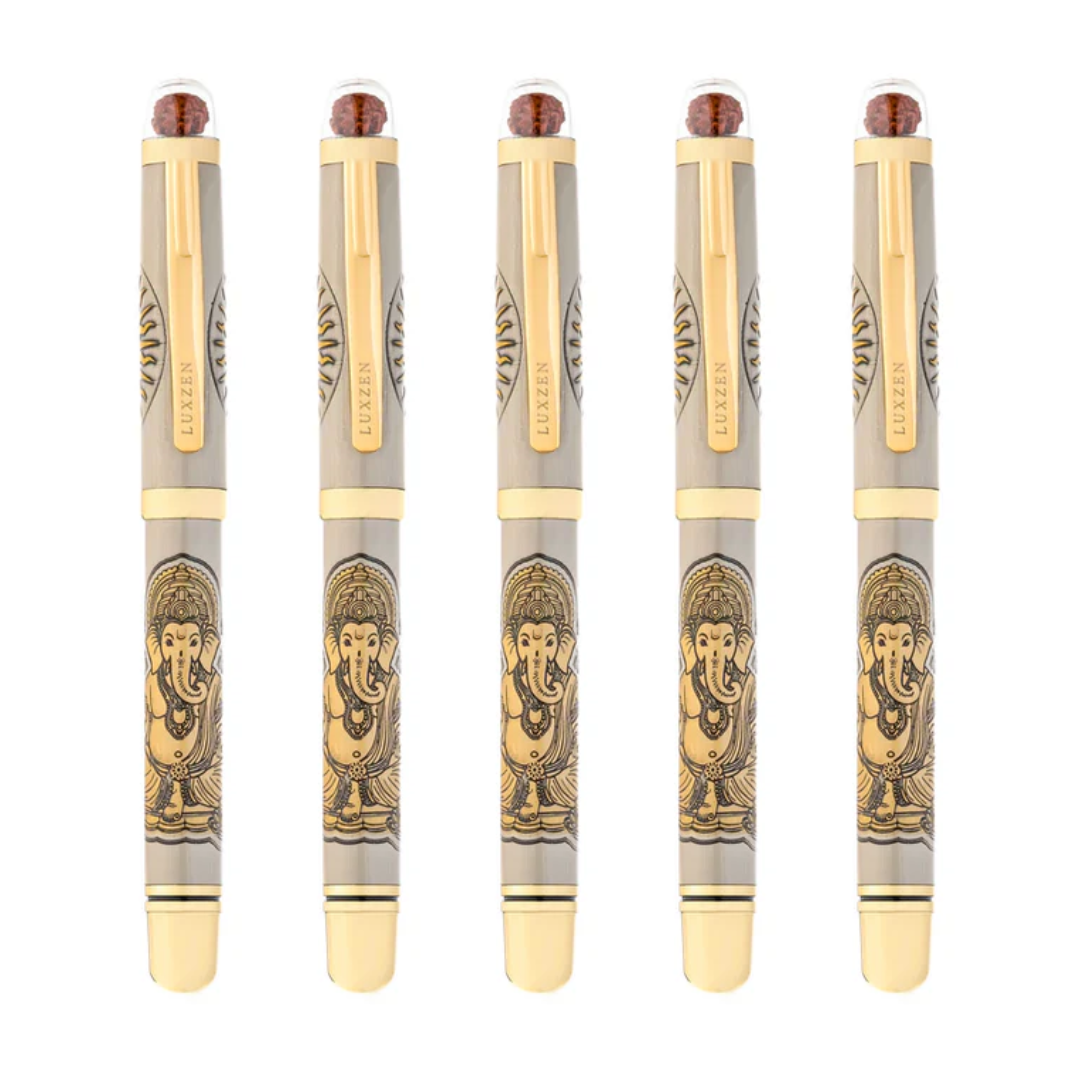 Personalised Sacred Lord Ganeshji Metal Roller Pen with Rudraksh Bead Embed - The Gifting Era