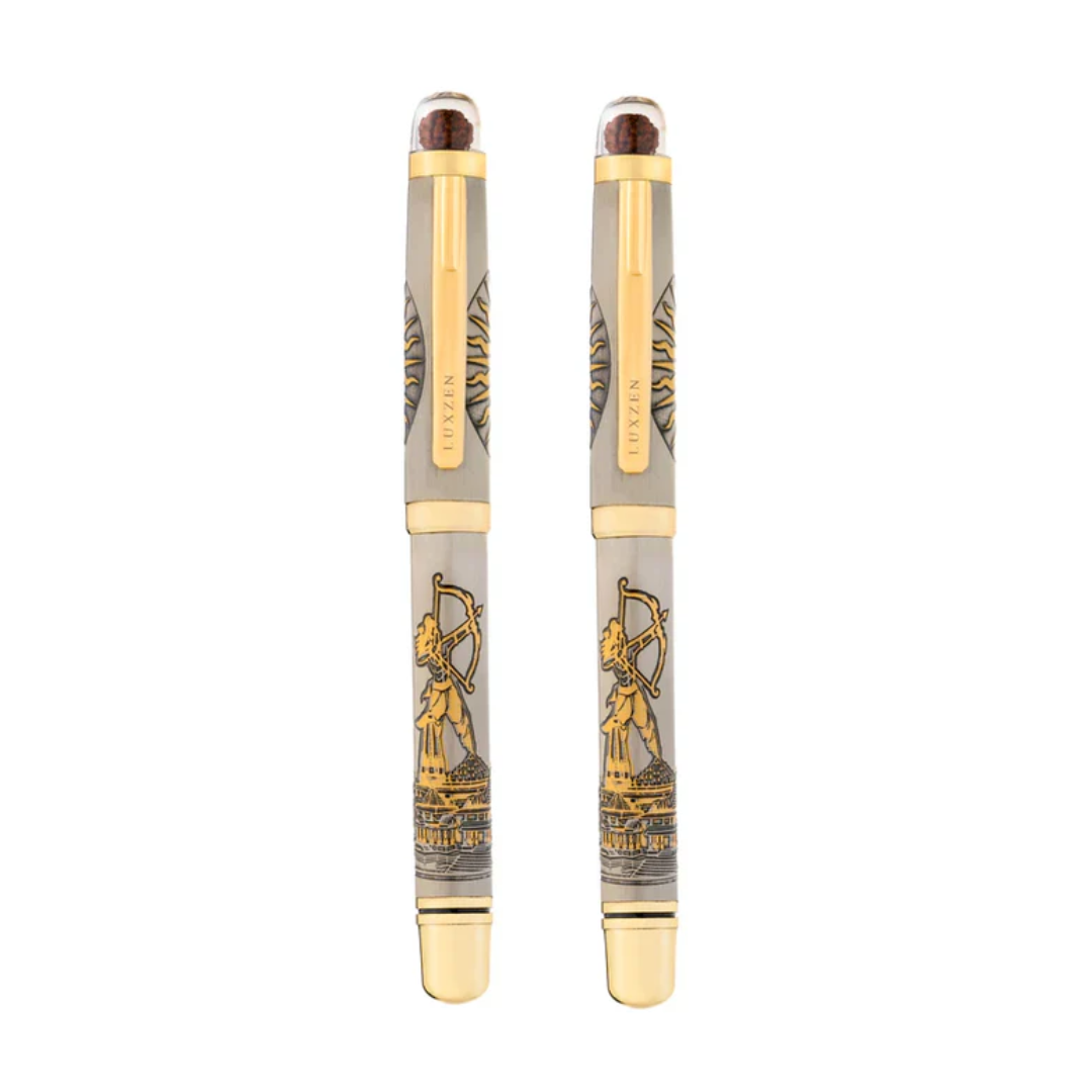 Personalised Sacred Lord Jai Shree Ram Ayodhya Metal Roller Pen with Rudraksh Bead Embed - The Gifting Era