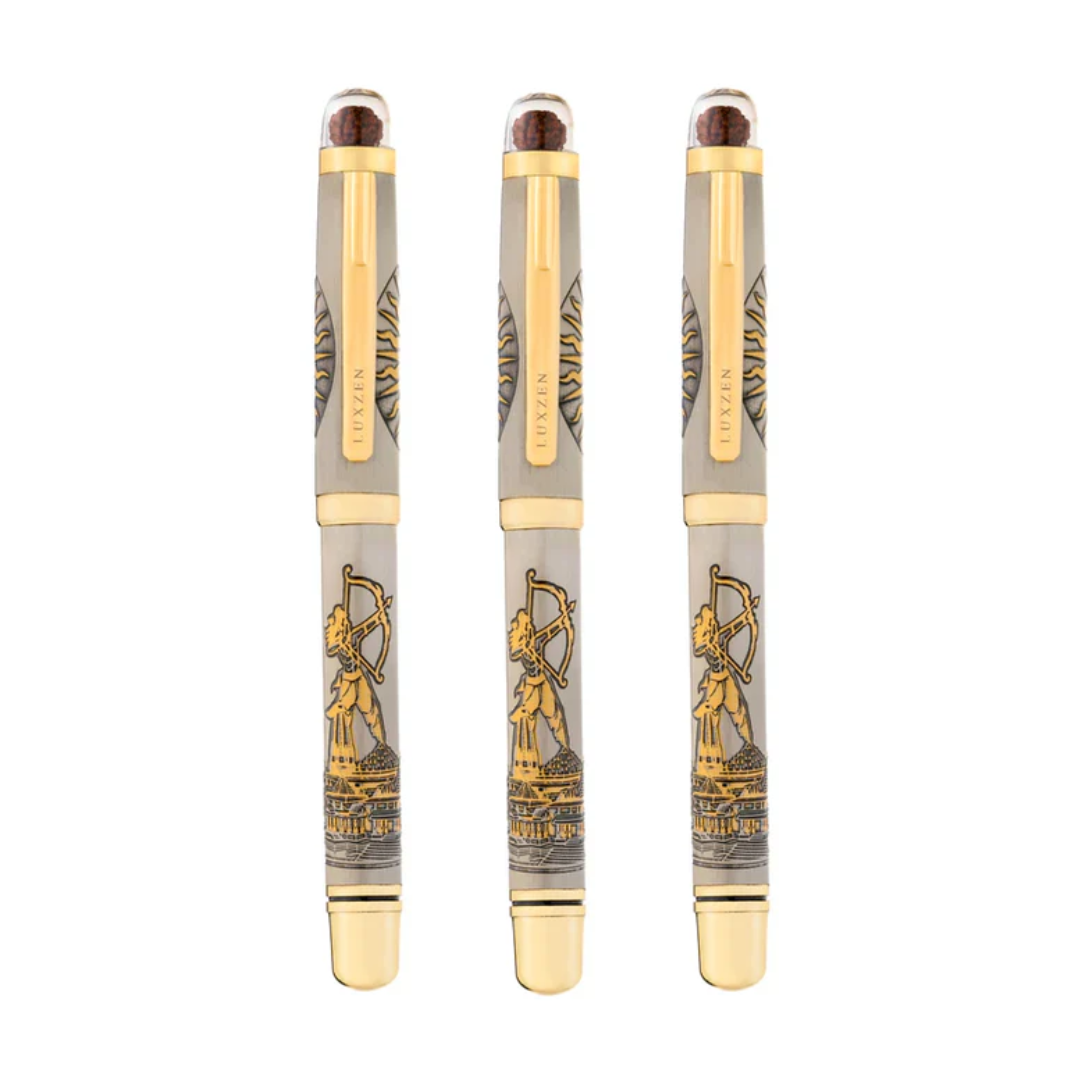 Personalised Sacred Lord Jai Shree Ram Ayodhya Metal Roller Pen with Rudraksh Bead Embed - The Gifting Era