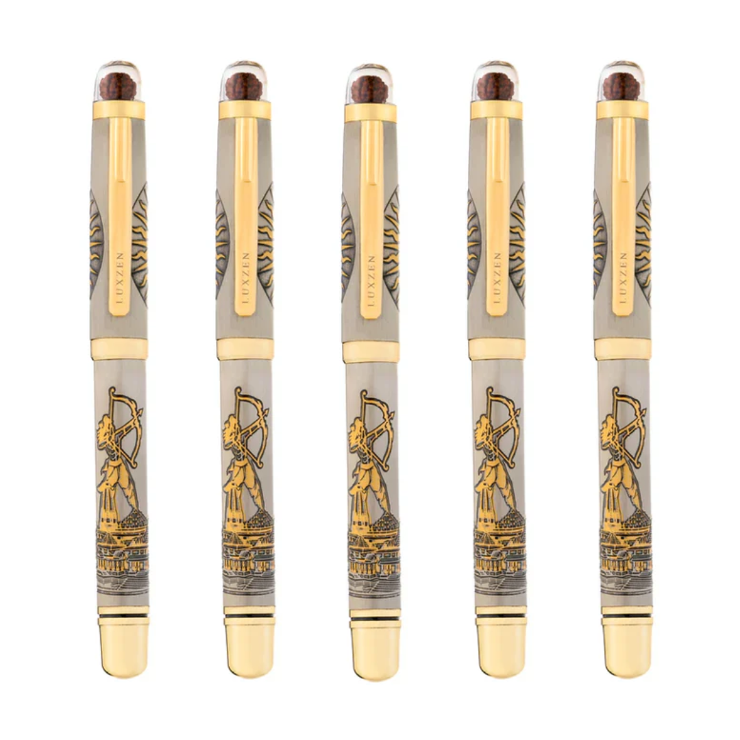 Personalised Sacred Lord Jai Shree Ram Ayodhya Metal Roller Pen with Rudraksh Bead Embed - The Gifting Era