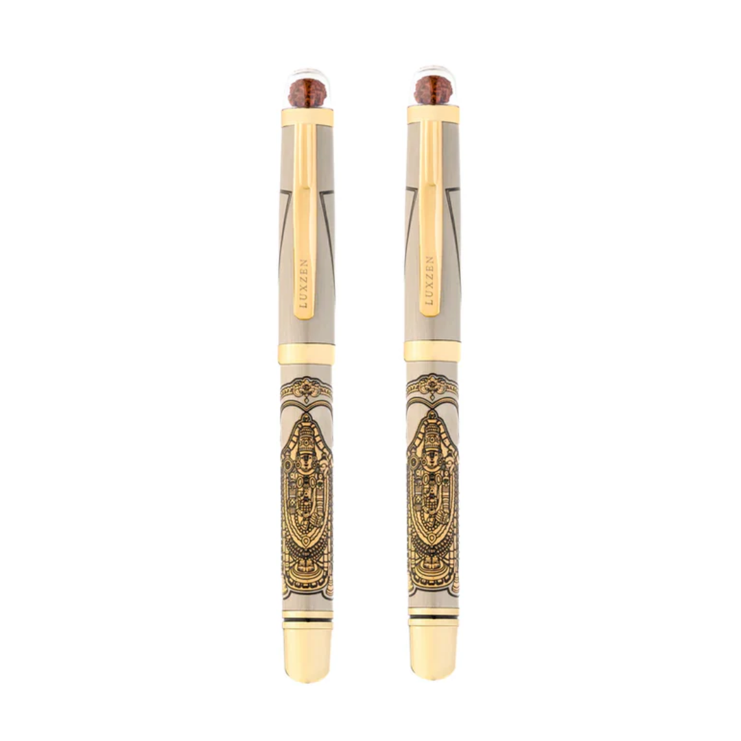 Personalised Sacred Lord Tirupati Balaji Metal Roller Pen with Rudraksh Bead Embed - The Gifting Era