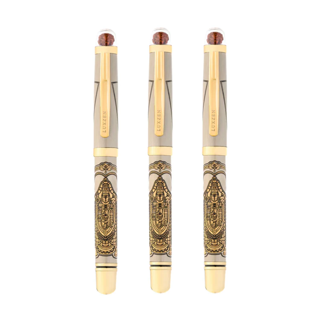 Personalised Sacred Lord Tirupati Balaji Metal Roller Pen with Rudraksh Bead Embed - The Gifting Era