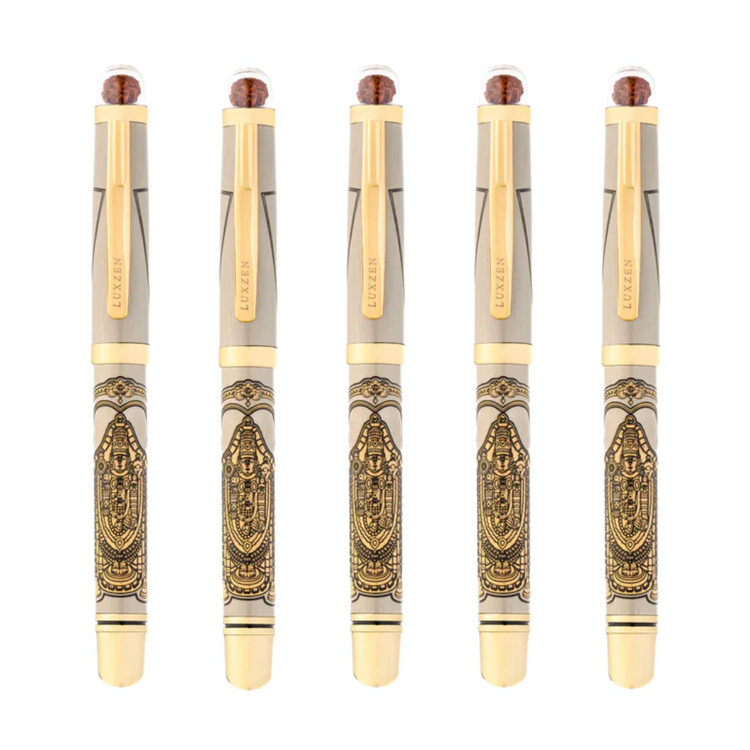 Personalised Sacred Lord Tirupati Balaji Metal Roller Pen with Rudraksh Bead Embed - The Gifting Era