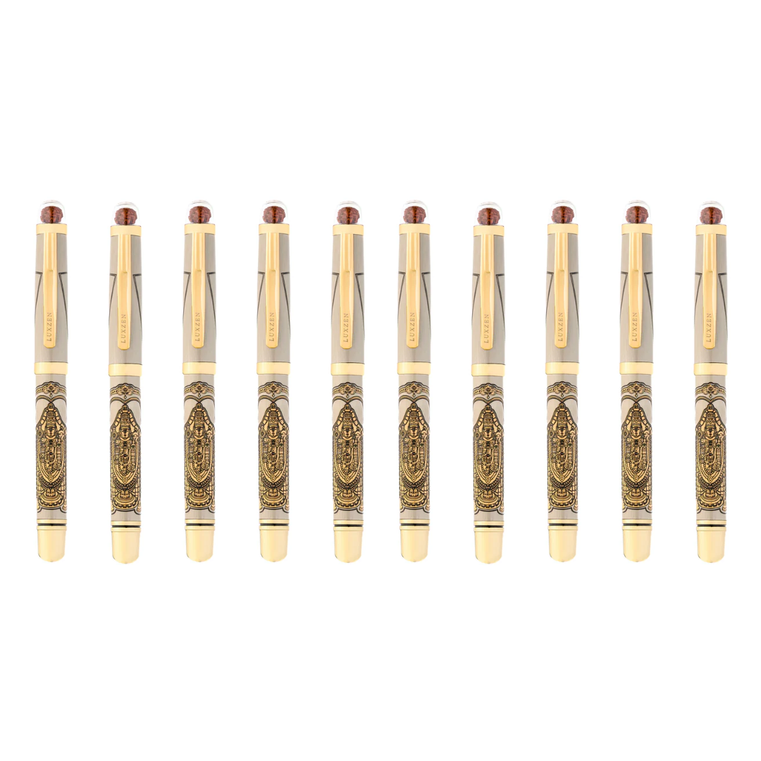 Personalised Sacred Lord Tirupati Balaji Metal Roller Pen with Rudraksh Bead Embed - The Gifting Era