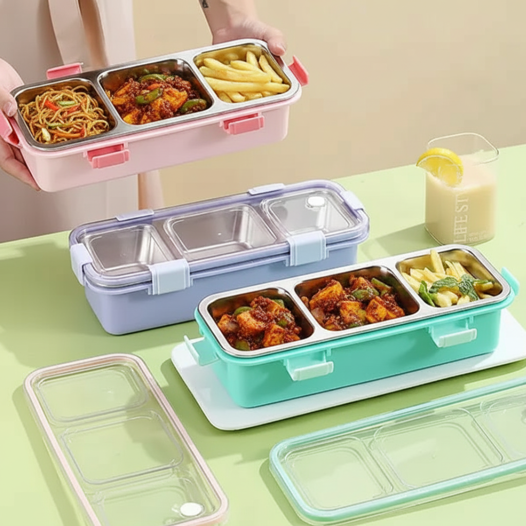 Personalised 3 Compartment Stainless Steel Bento Leakproof Lunch Box with Steel Spoon & Chopstick