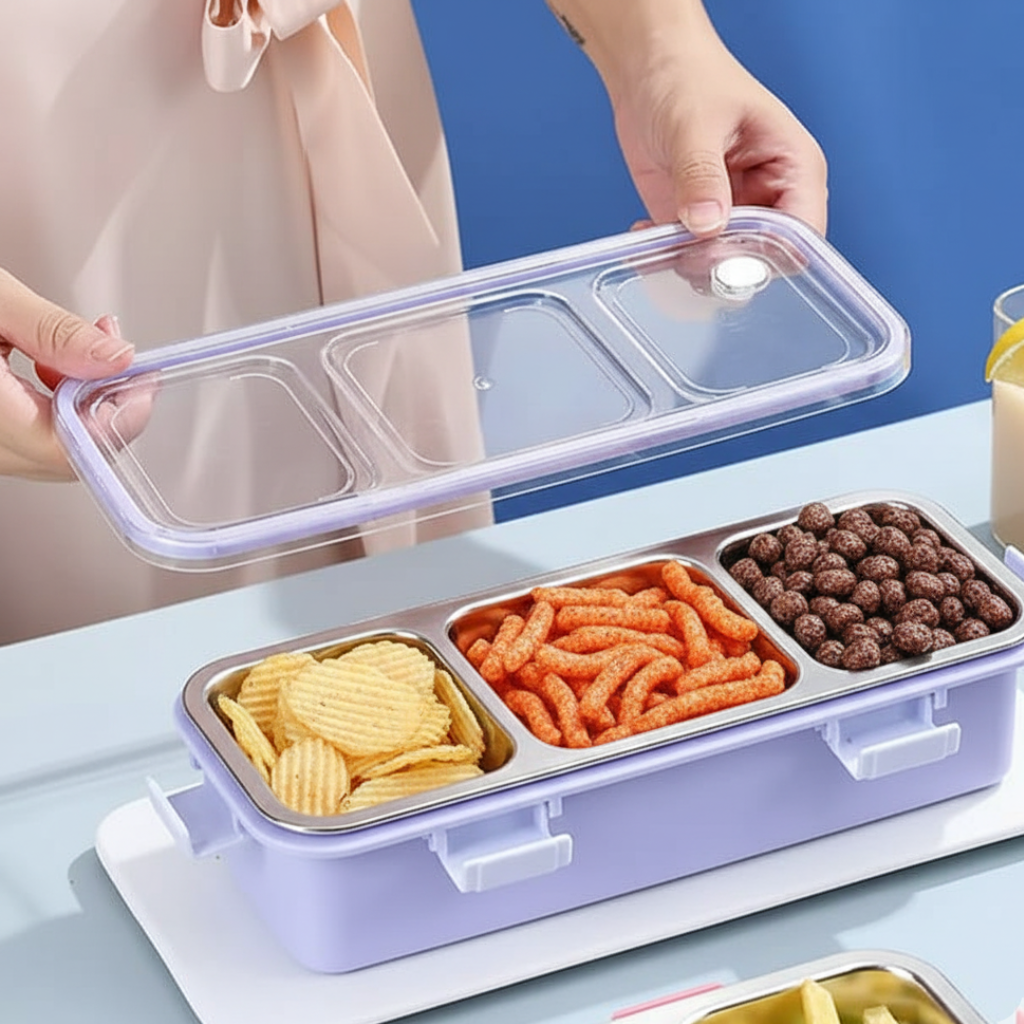 Personalised 3 Compartment Stainless Steel Bento Leakproof Lunch Box with Steel Spoon & Chopstick