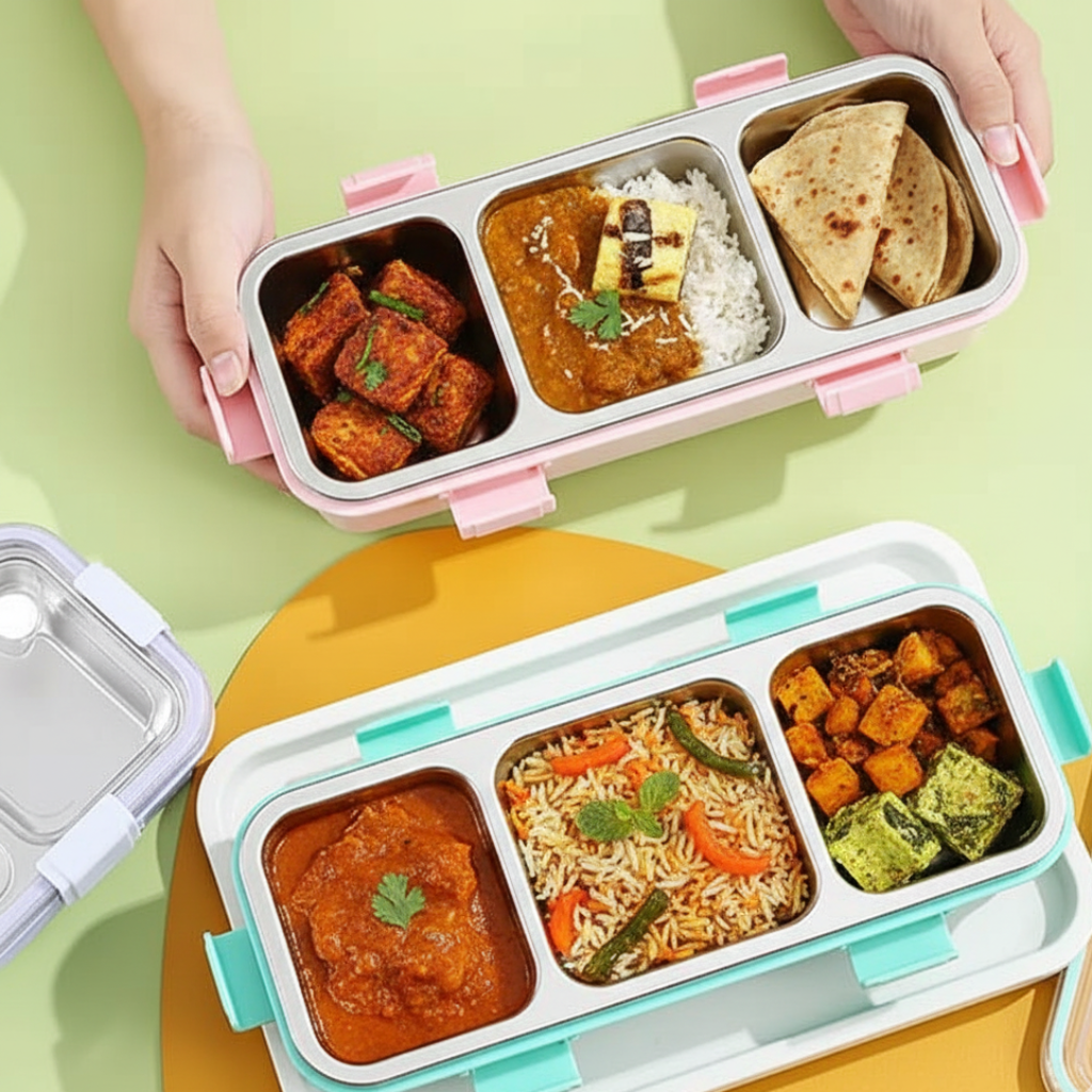 Personalised 3 Compartment Stainless Steel Bento Leakproof Lunch Box with Steel Spoon & Chopstick