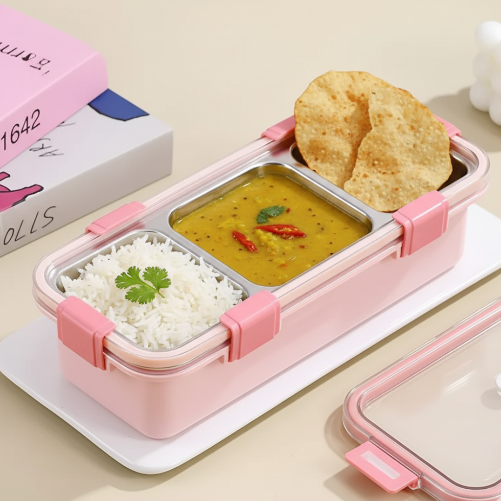 Personalised 3 Compartment Stainless Steel Bento Leakproof Lunch Box with Steel Spoon & Chopstick