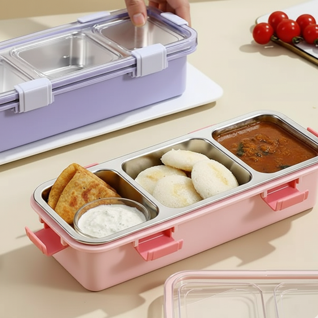 Personalised 3 Compartment Stainless Steel Bento Leakproof Lunch Box with Steel Spoon & Chopstick