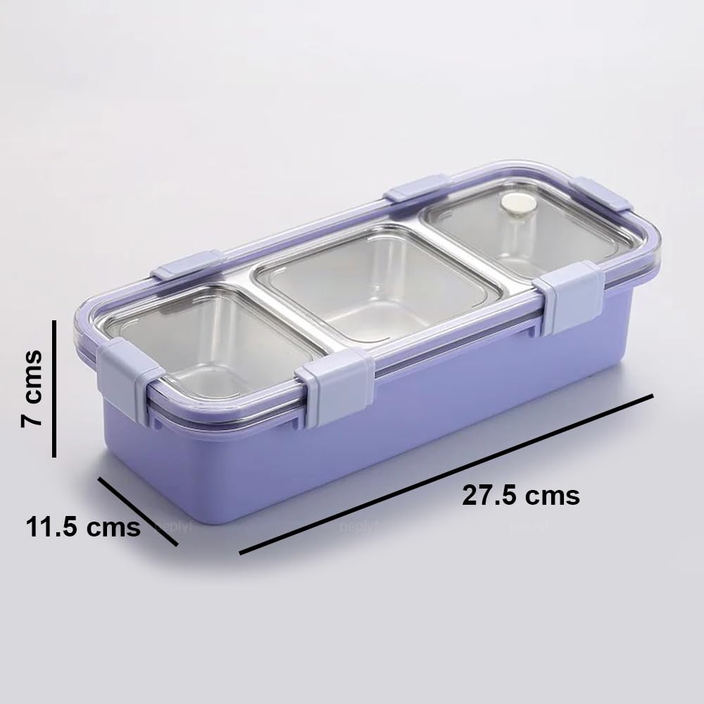 Personalised 3 Compartment Stainless Steel Bento Leakproof Lunch Box with Steel Spoon & Chopstick