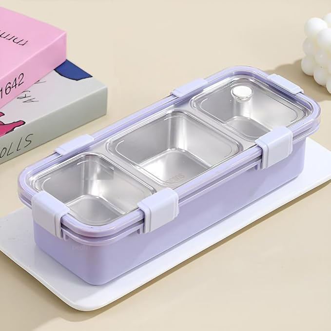 Personalised 3 Compartment Stainless Steel Bento Leakproof Lunch Box with Steel Spoon & Chopstick