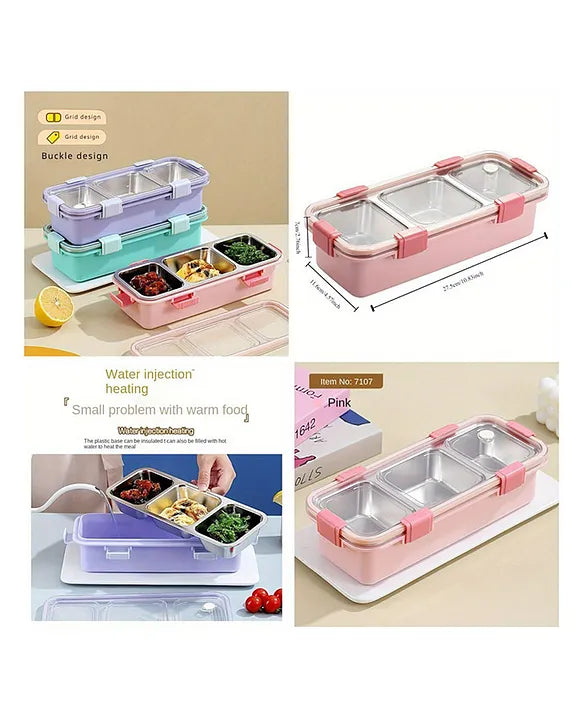Personalised 3 Compartment Stainless Steel Bento Leakproof Lunch Box with Steel Spoon & Chopstick