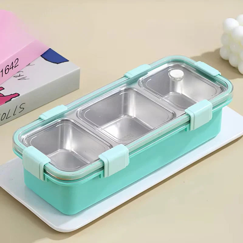 Personalised 3 Compartment Stainless Steel Bento Leakproof Lunch Box with Steel Spoon & Chopstick