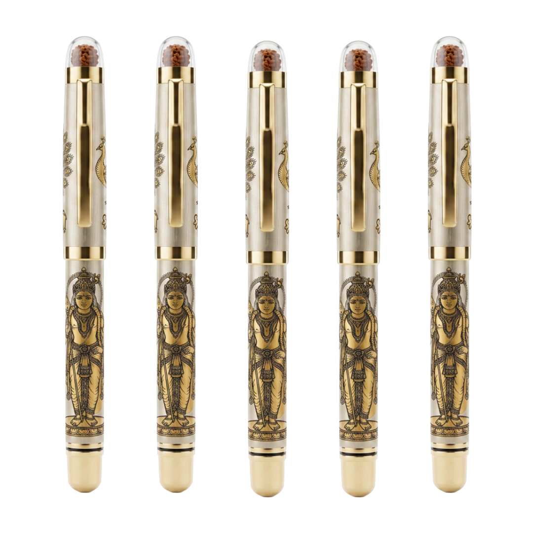 Personalised Sacred Lord Murugan Metal Roller Pen with Rudraksh Bead Embed