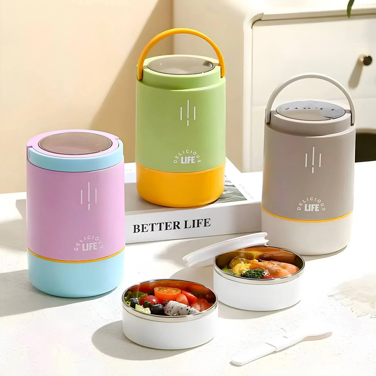 Personalised 3 Tier Vacuum Insulated Hot & Cold Jumbo Lunch Box with Foldable Spoon - 900 ML